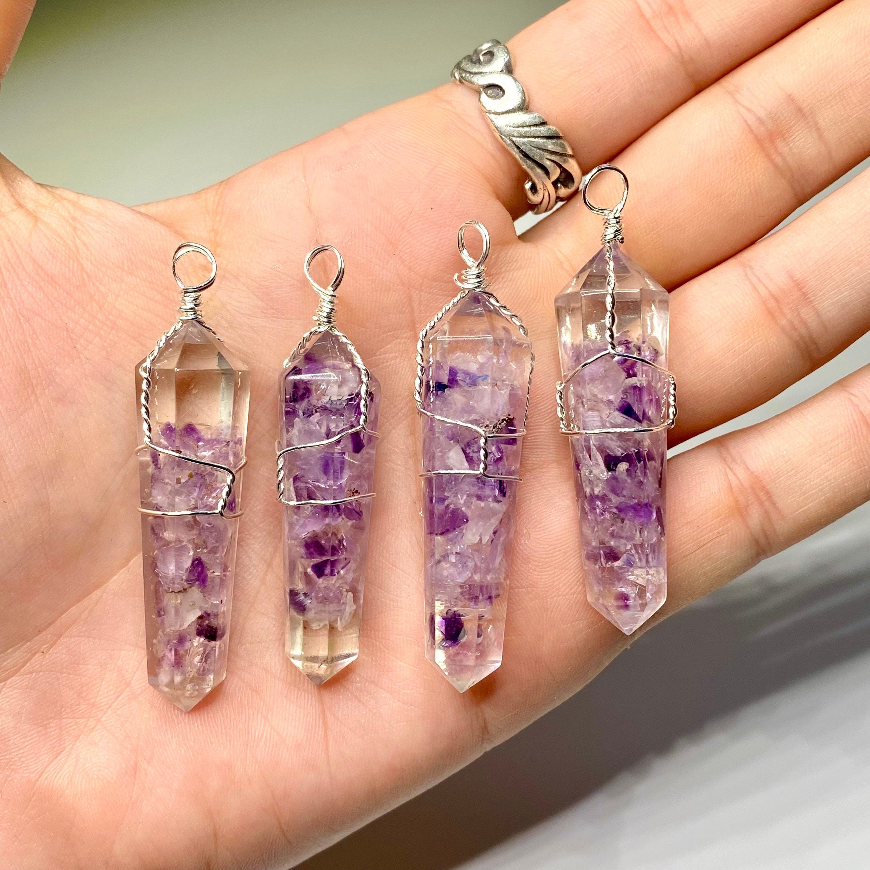 Amethyst in Orgonite Wire Wrapped Pendant Necklace