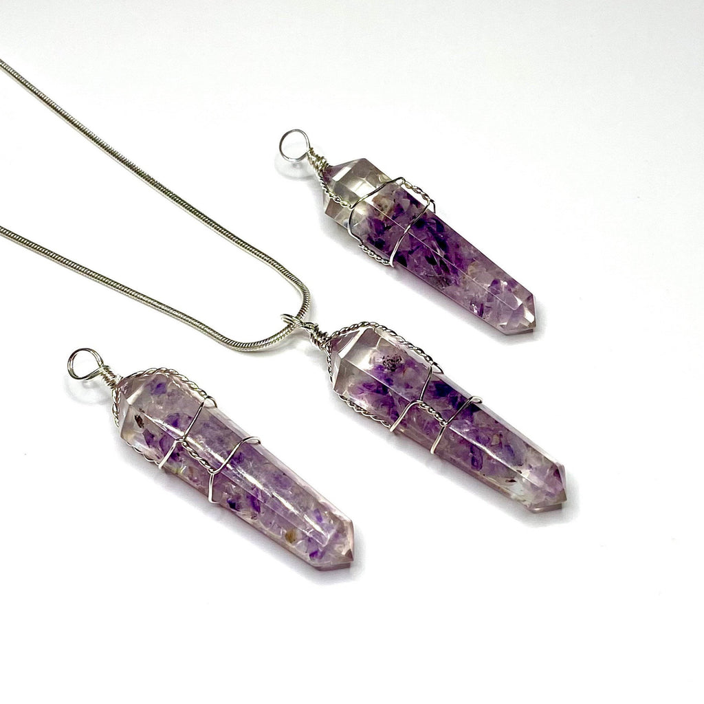 Amethyst in Orgonite Wire Wrapped Pendant Necklace