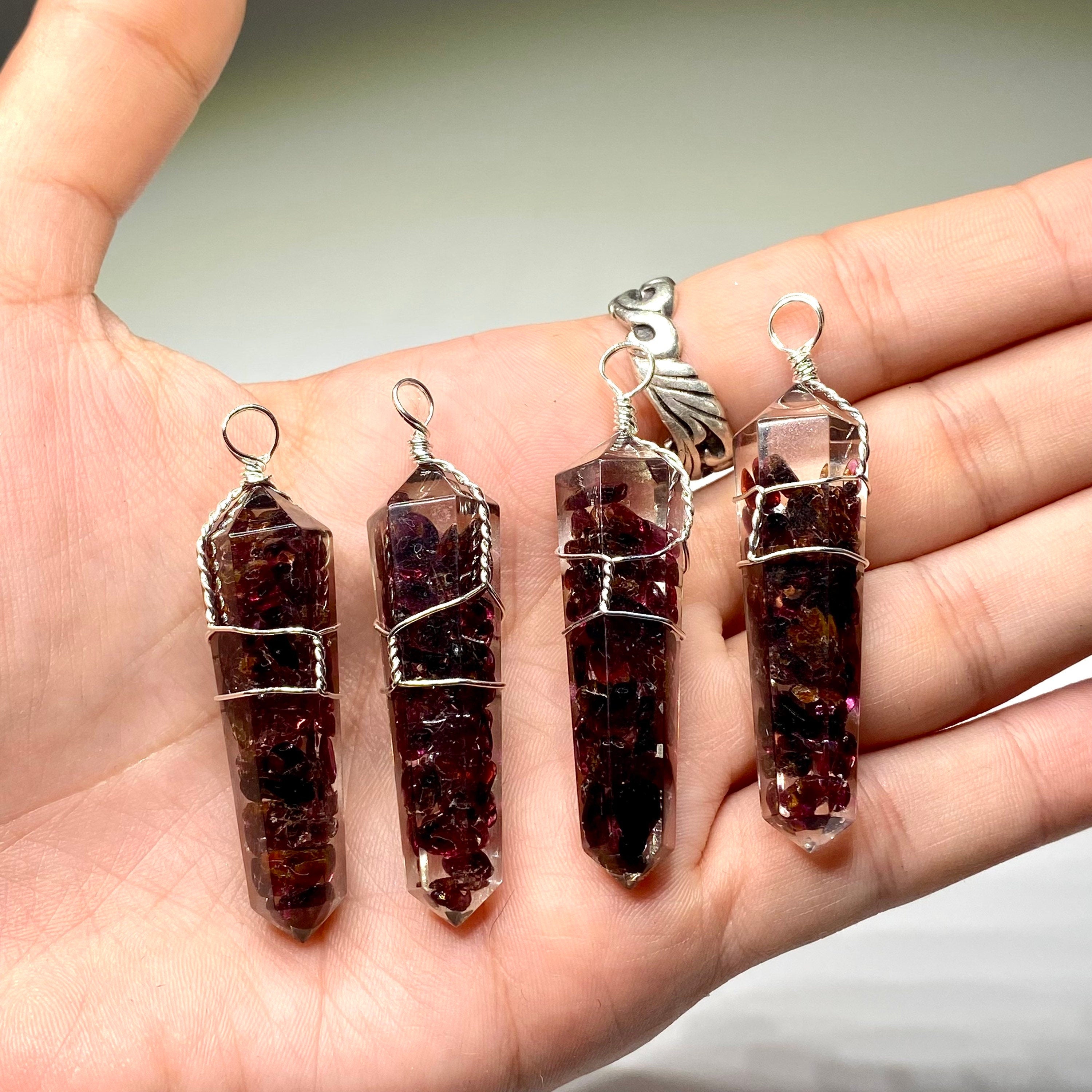 Garnet in Orgonite Wire Wrapped Pendant Necklace