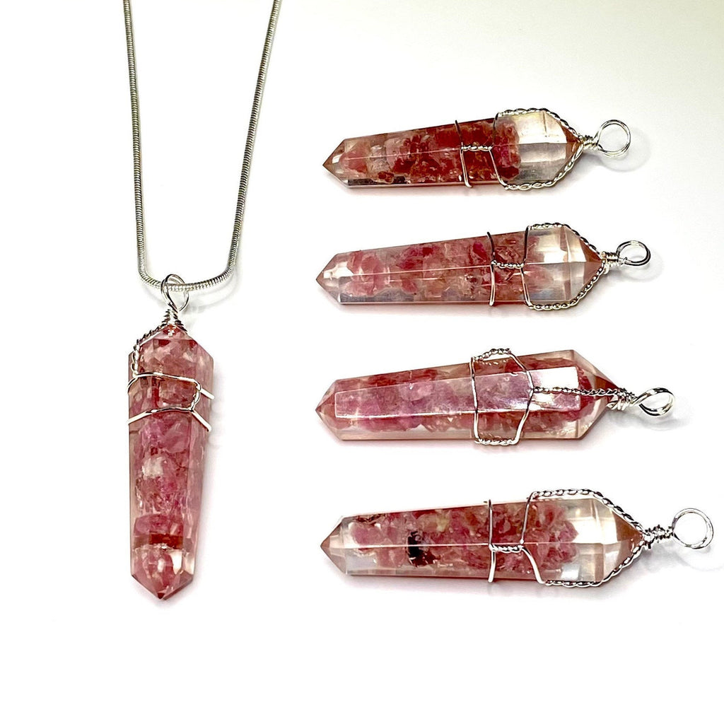 Pink Tourmaline in Orgonite Wire Wrapped Pendant Necklace
