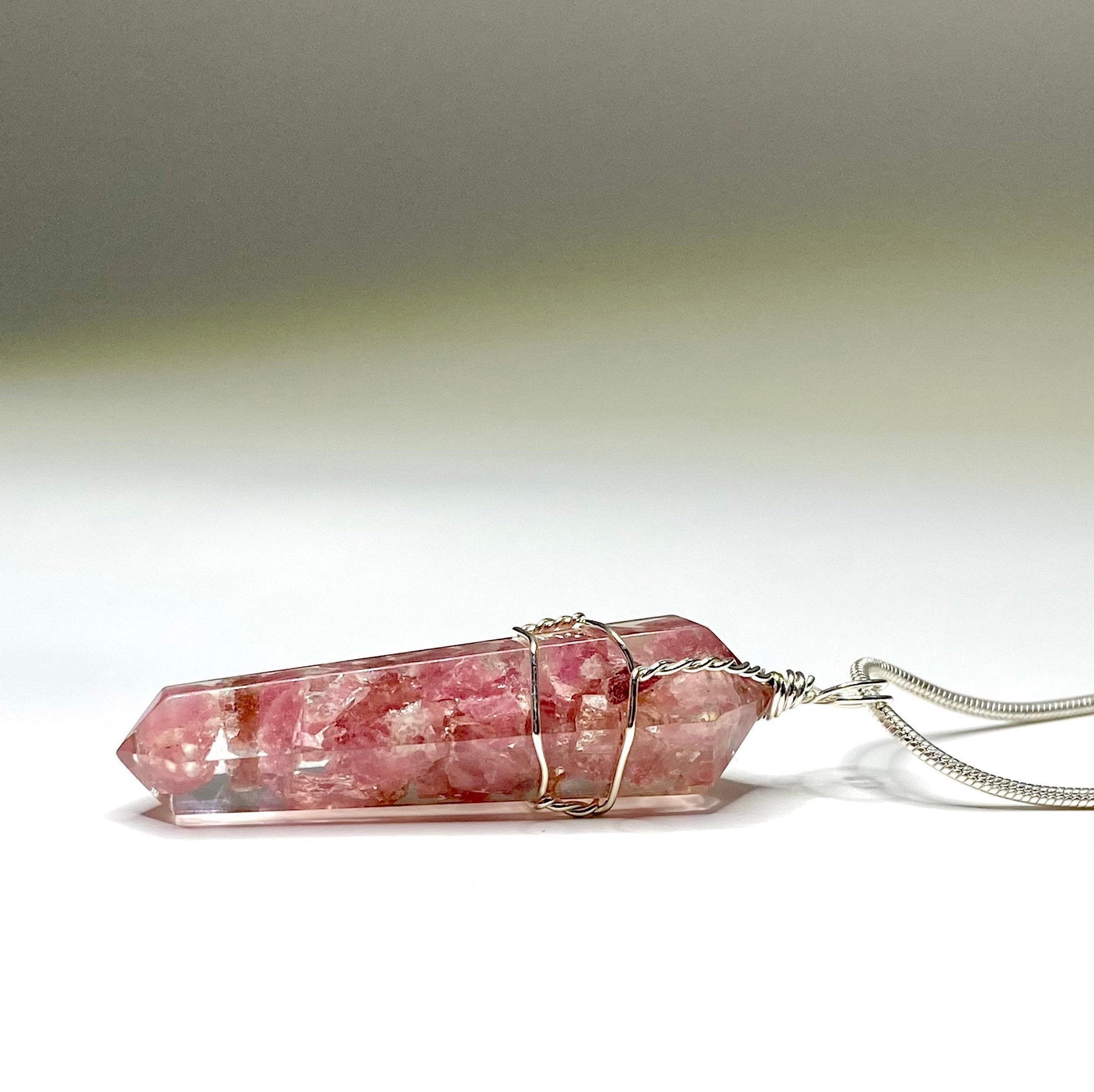 Pink Tourmaline in Orgonite Wire Wrapped Pendant Necklace