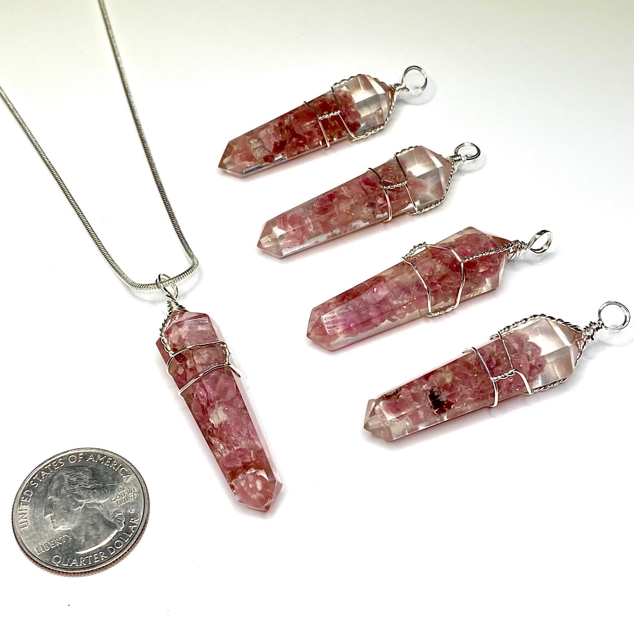 Pink Tourmaline in Orgonite Wire Wrapped Pendant Necklace