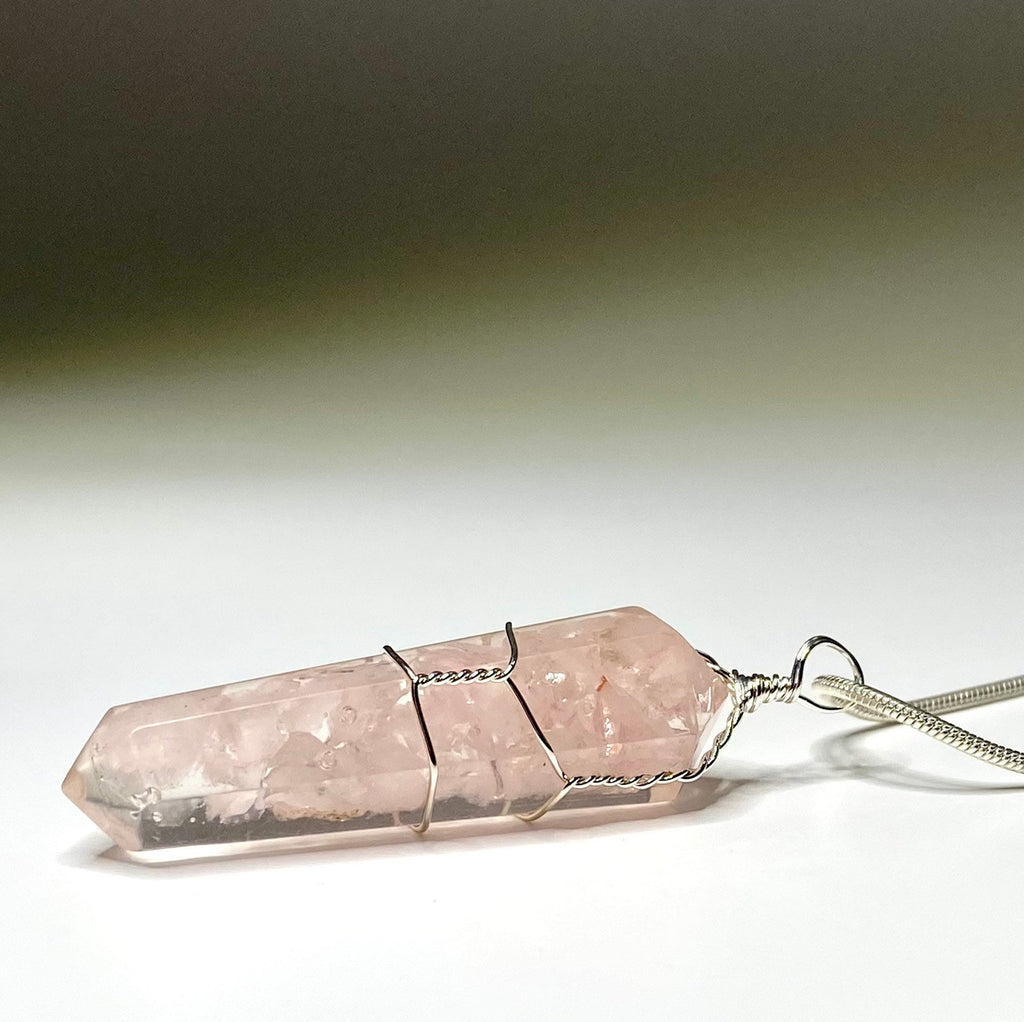 Rose Quartz in Orgonite Wire Wrapped Pendant Necklace