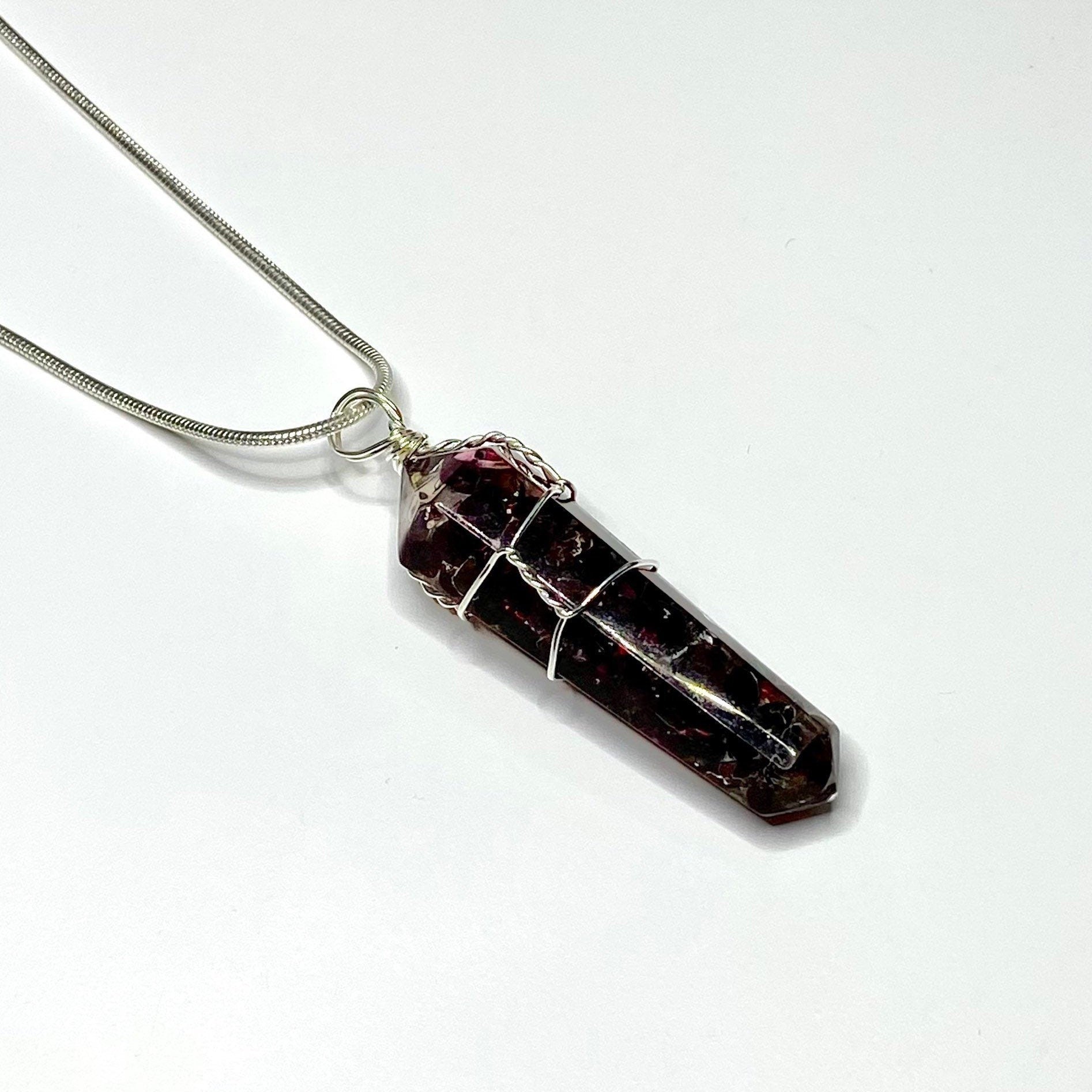 Garnet in Orgonite Wire Wrapped Pendant Necklace