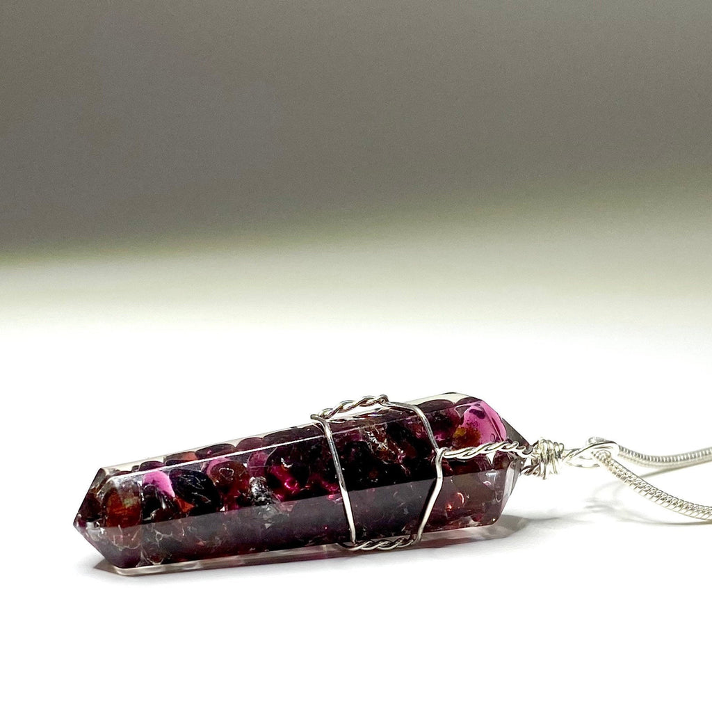 Garnet in Orgonite Wire Wrapped Pendant Necklace