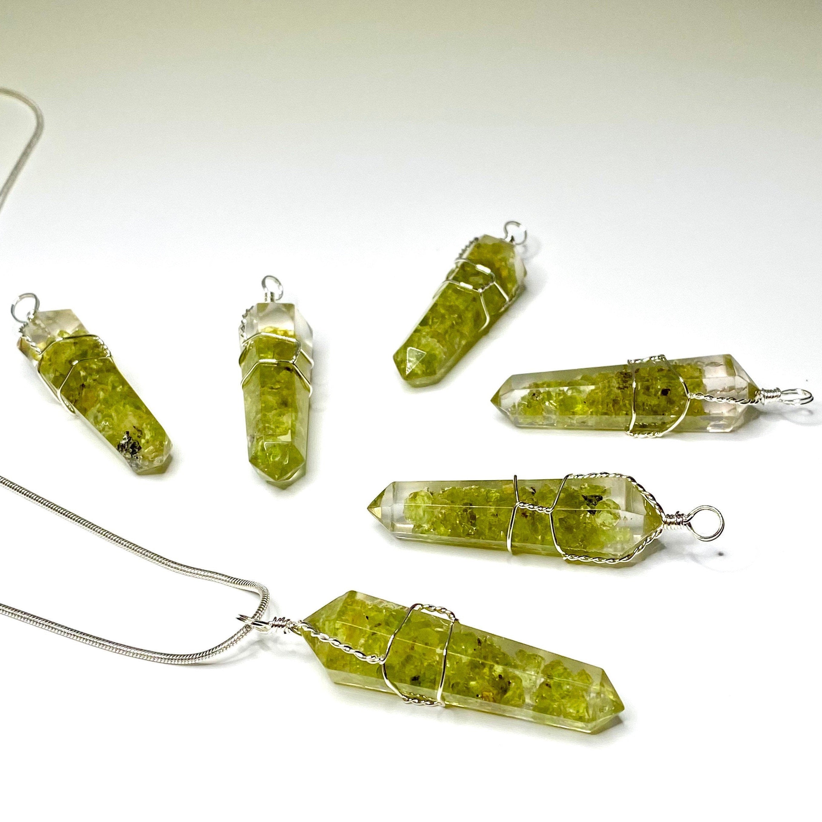 Peridot in Orgonite Wire Wrapped Pendant Necklace