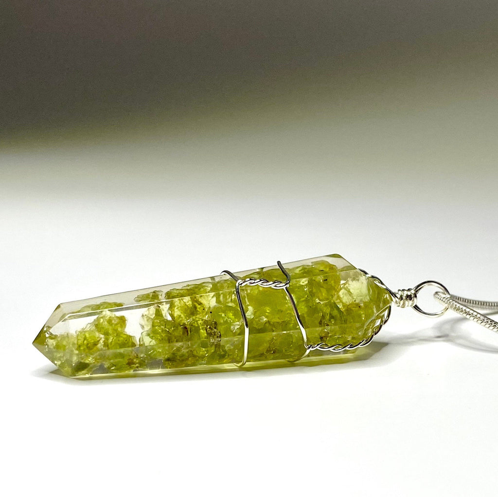 Peridot in Orgonite Wire Wrapped Pendant Necklace