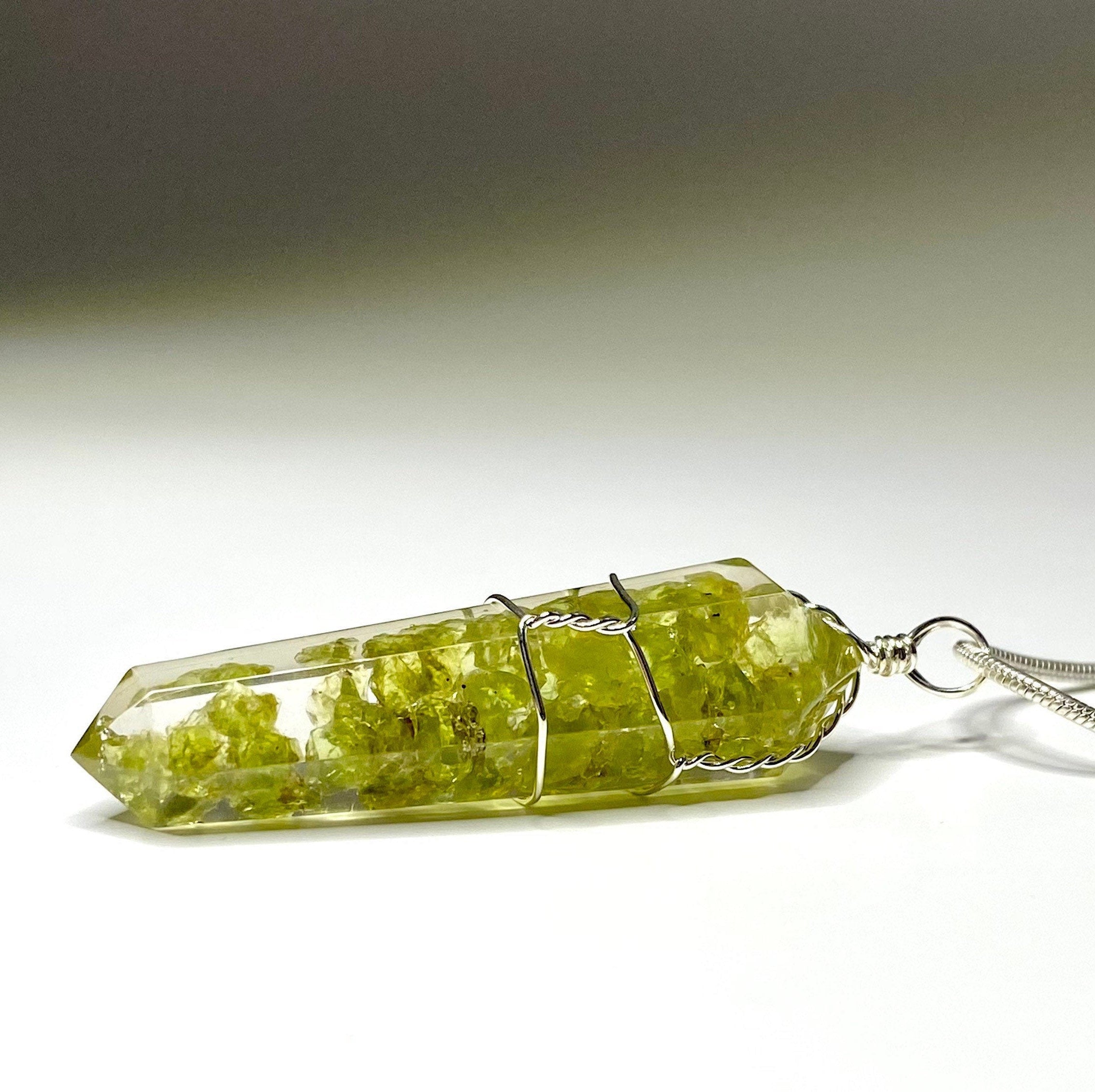 Peridot in Orgonite Wire Wrapped Pendant Necklace