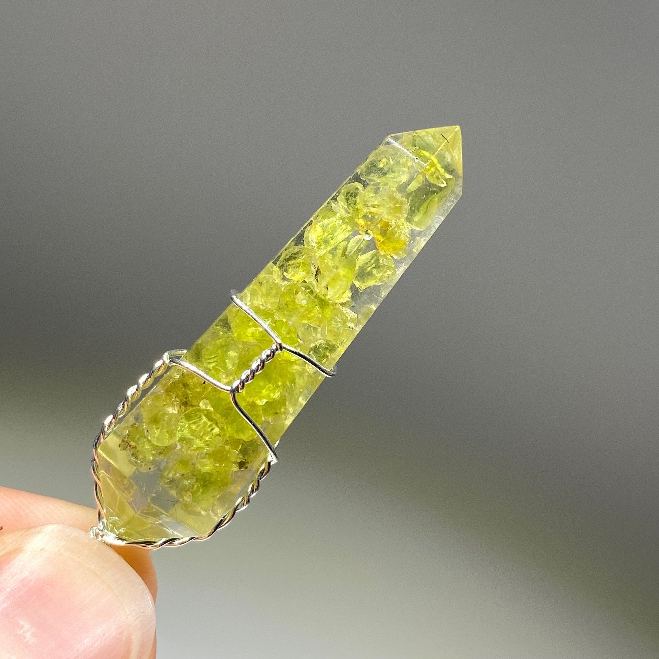 Peridot in Orgonite Wire Wrapped Pendant Necklace
