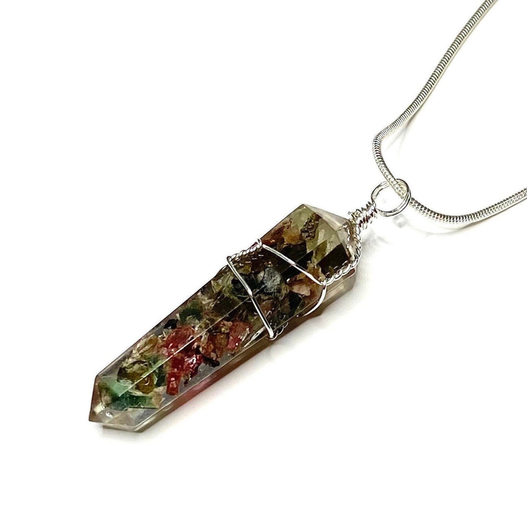 Watermelon Tourmaline in Orgonite Wire Wrapped Pendant Necklace