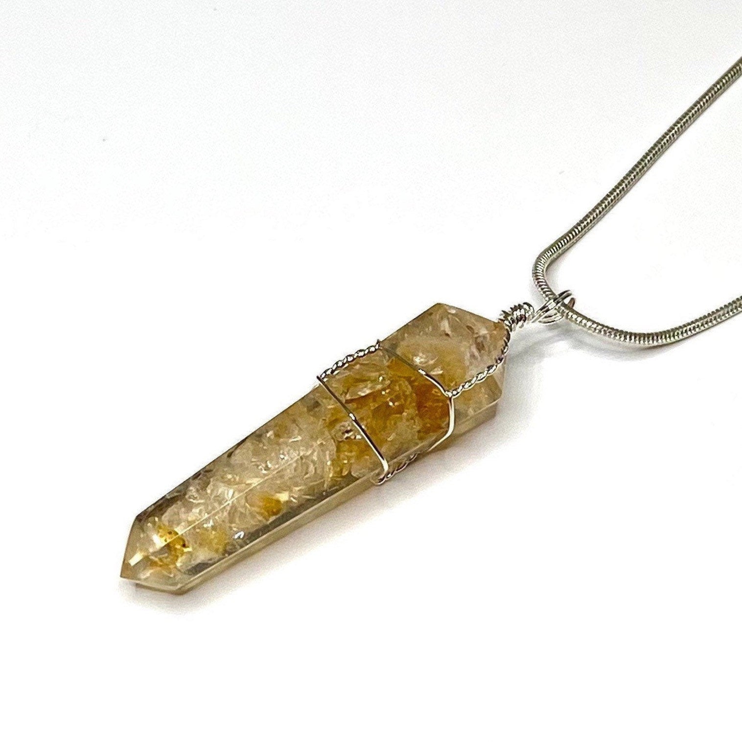 Citrine in Orgonite Wire Wrapped Pendant Necklace