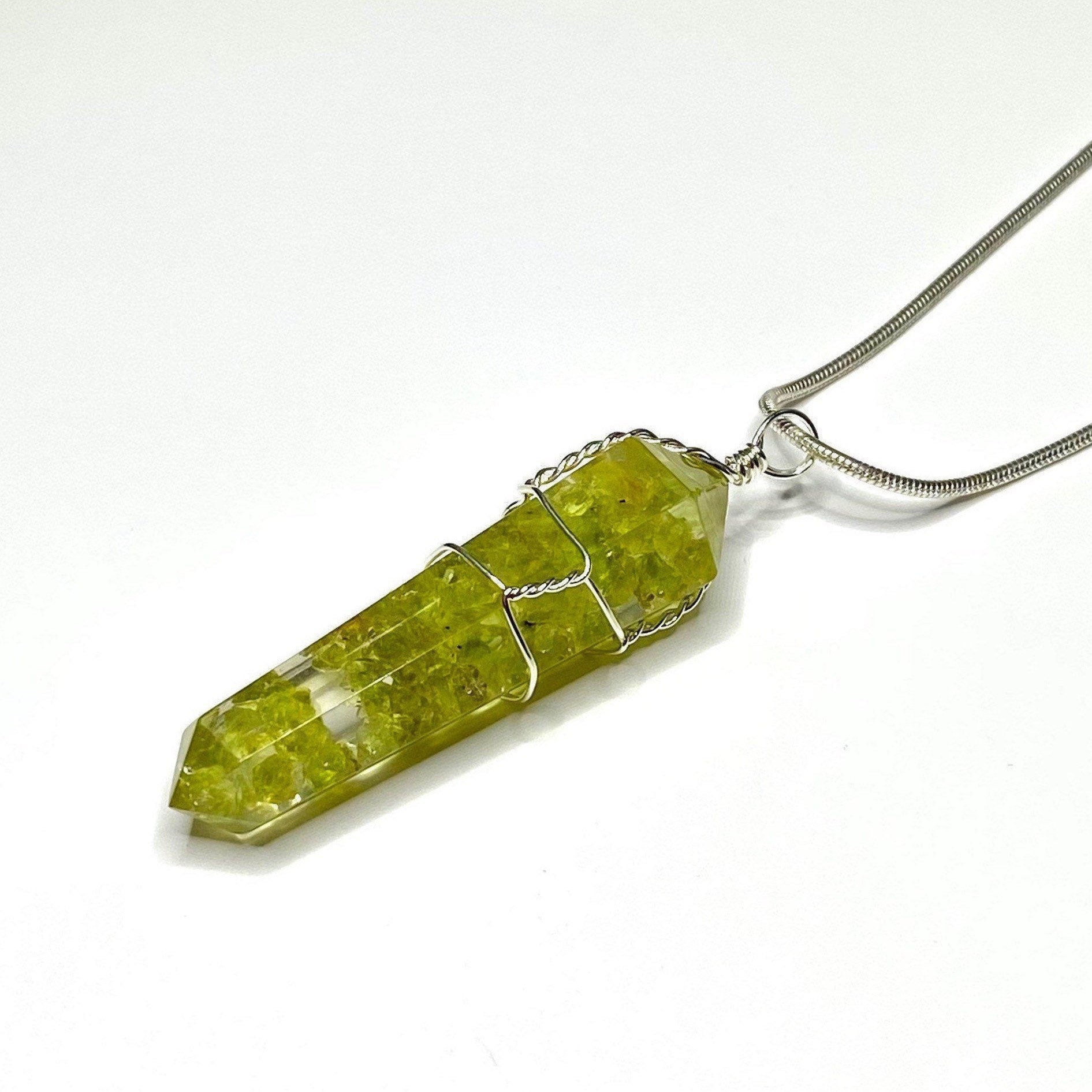Peridot in Orgonite Wire Wrapped Pendant Necklace