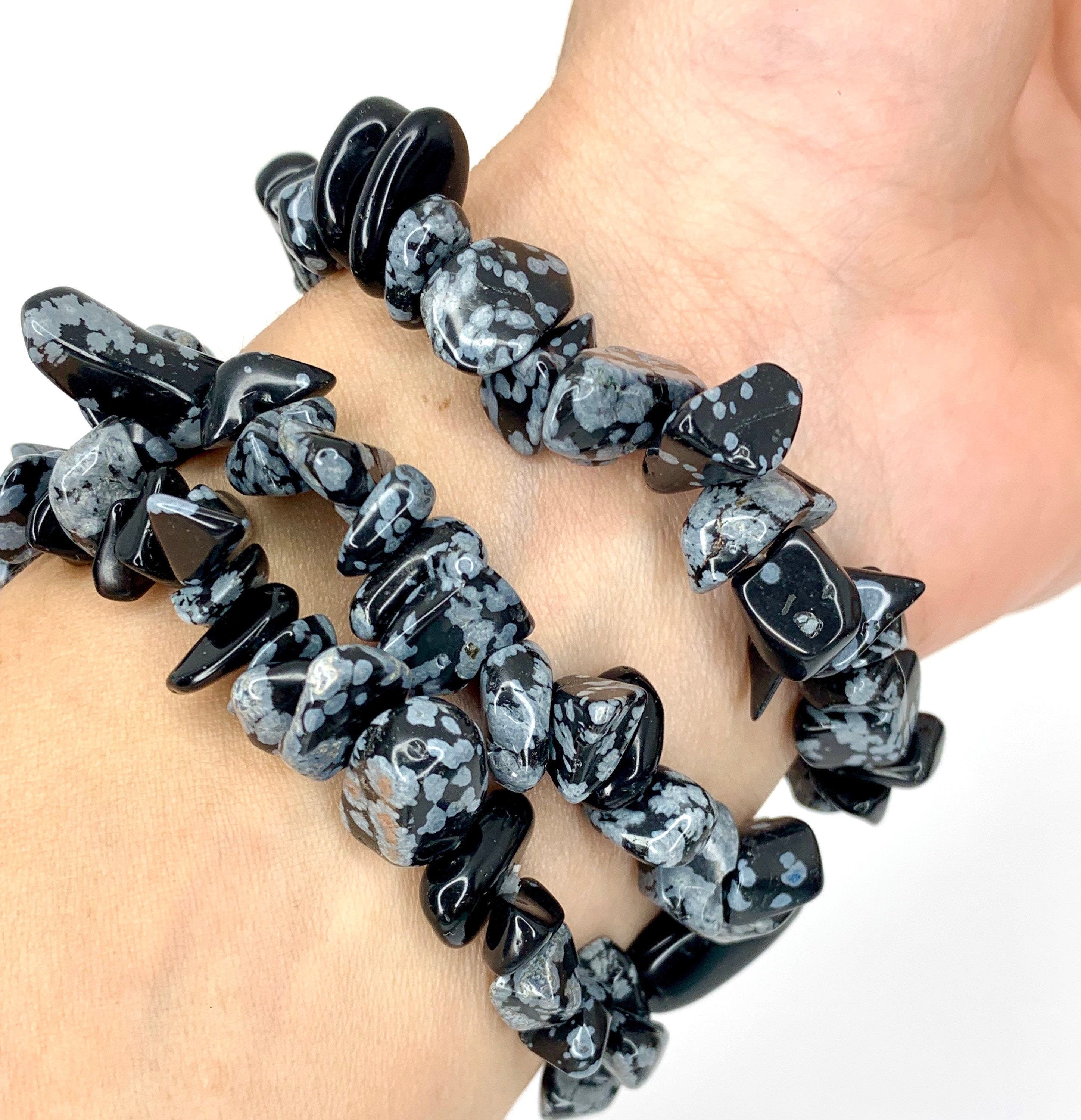 Snowflake Obsidian Crystal Chip Bracelet: Gemstone Beaded Stretch Bracelet