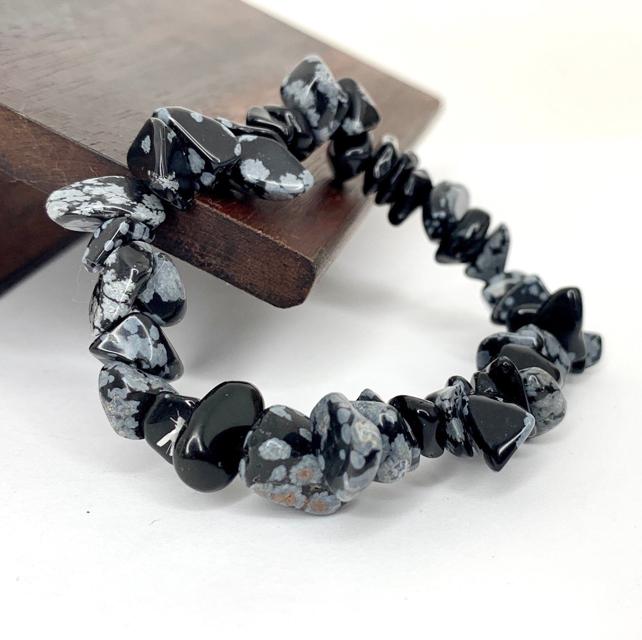 Snowflake Obsidian Crystal Chip Bracelet: Gemstone Beaded Stretch Bracelet
