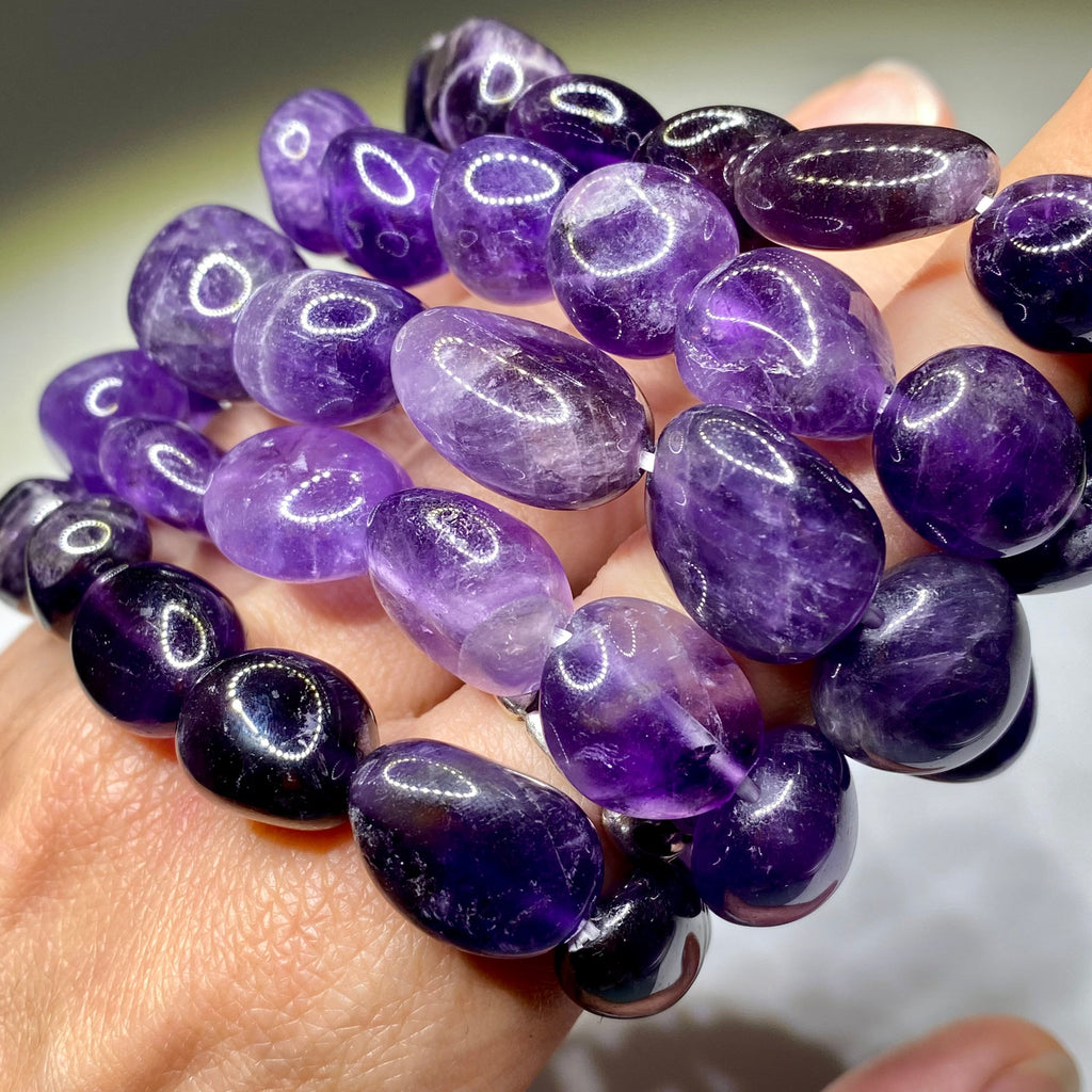 Amethyst Jelly Bean Crystal Bracelet: 10mm Gemstone Beaded Stretch Bracelet