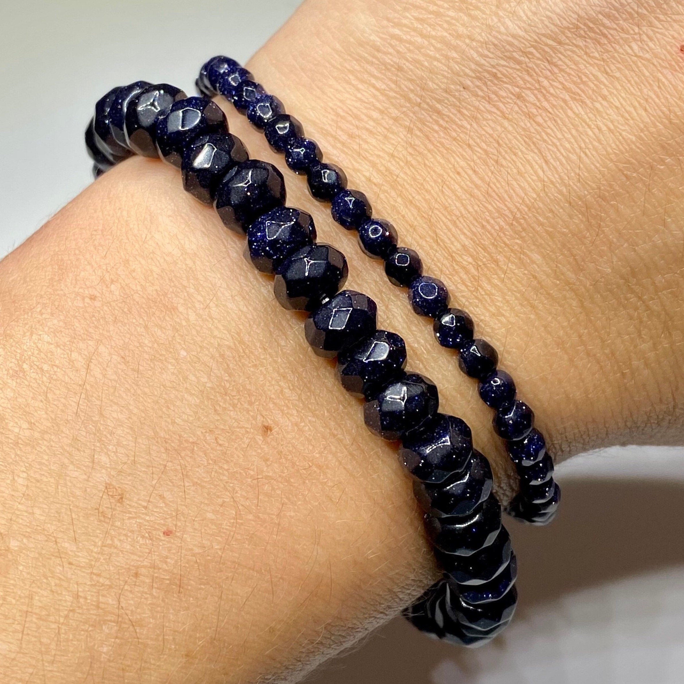 Blue Goldstone Crystal Bracelet: Faceted Rondelle Beaded Bracelet