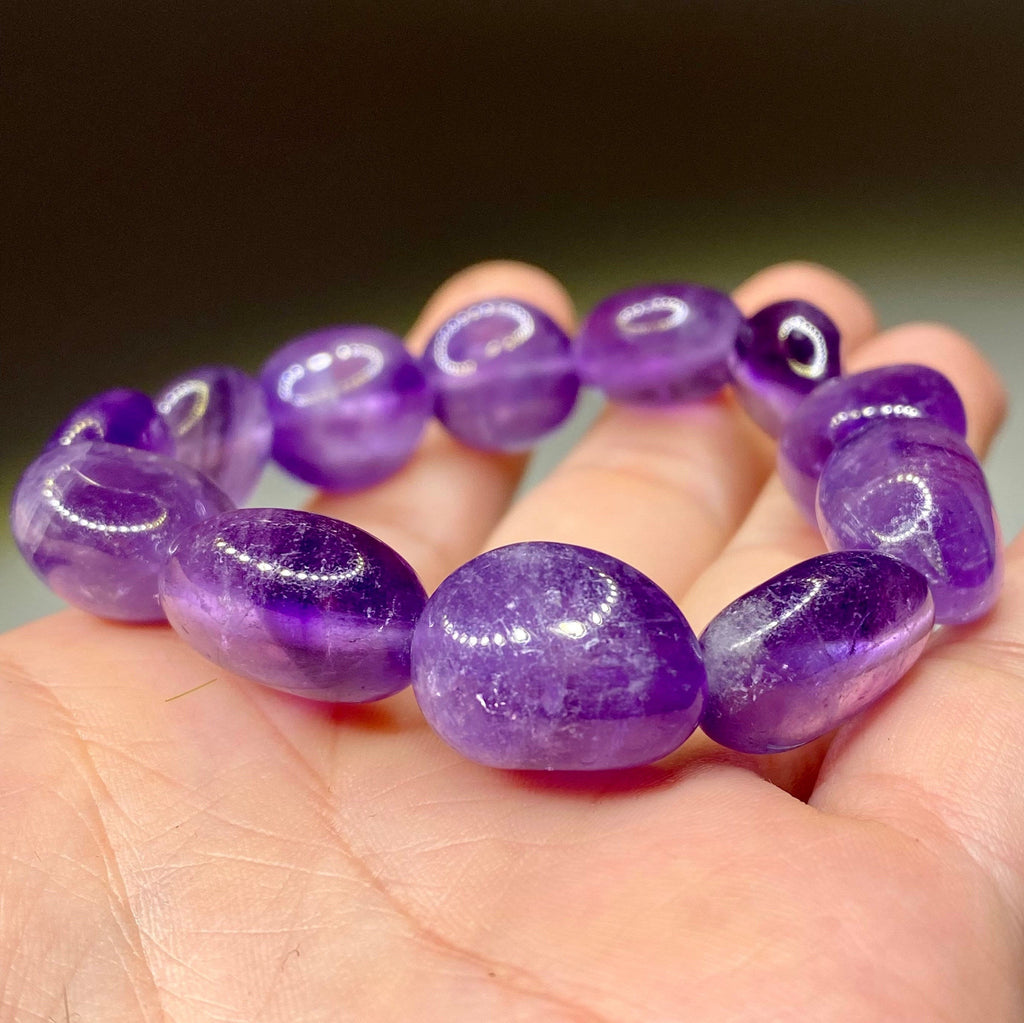 Amethyst Jelly Bean Crystal Bracelet: 10mm Gemstone Beaded Stretch Bracelet