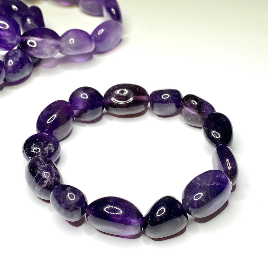 Amethyst Jelly Bean Crystal Bracelet: 10mm Gemstone Beaded Stretch Bracelet