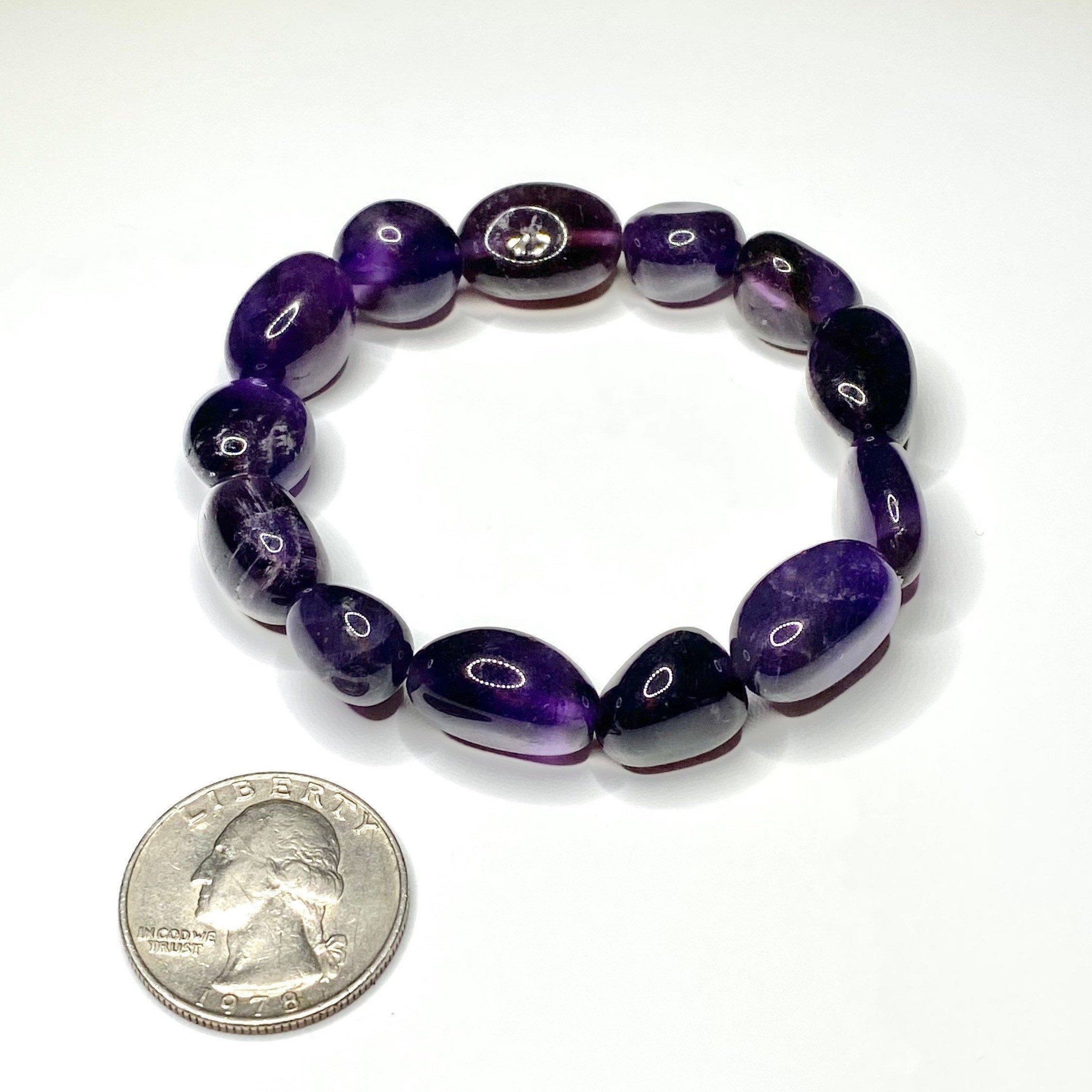 Amethyst Jelly Bean Crystal Bracelet: 10mm Gemstone Beaded Stretch Bracelet