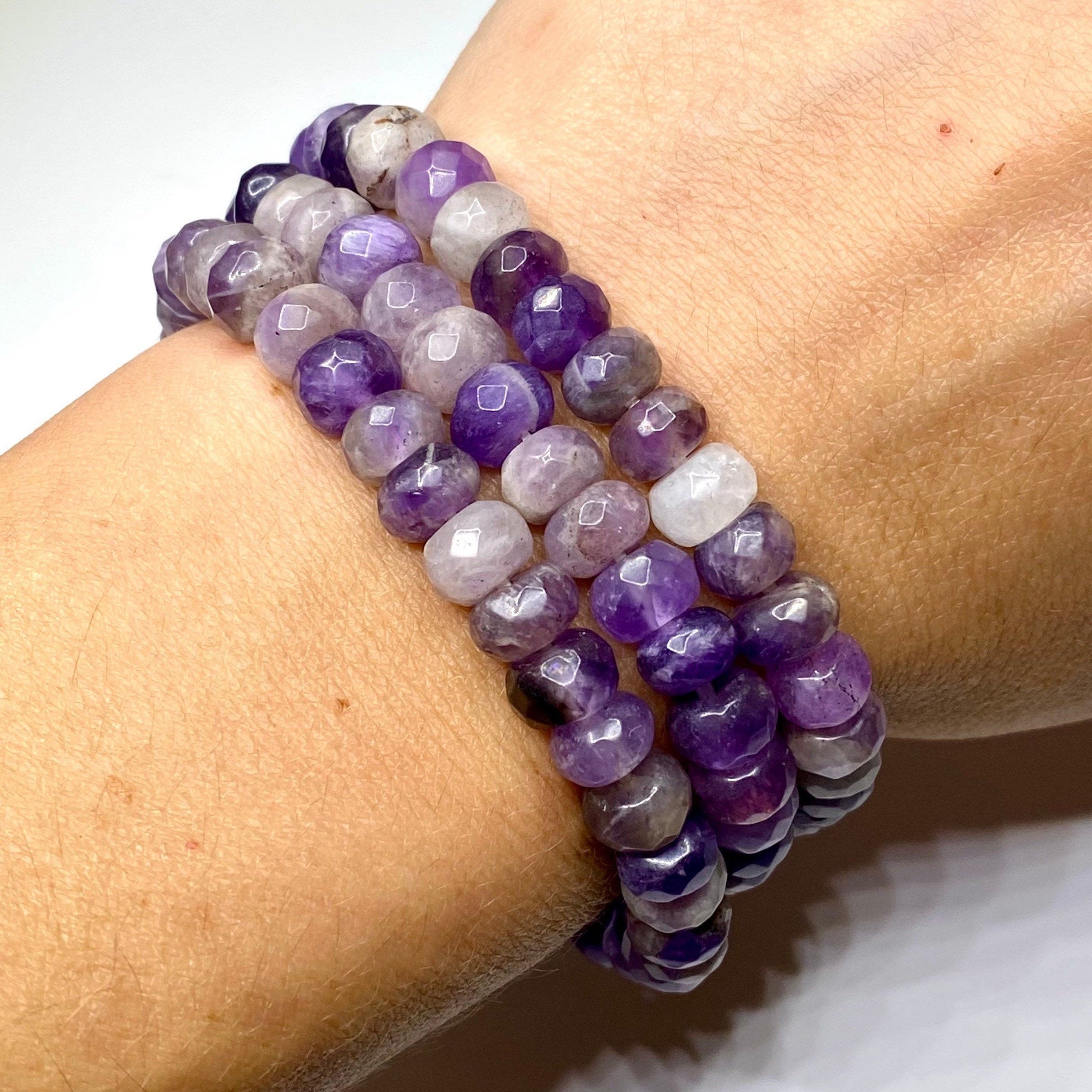Amethyst Crystal Beaded Bracelet, Faceted Rondelle Gemstone Bracelet