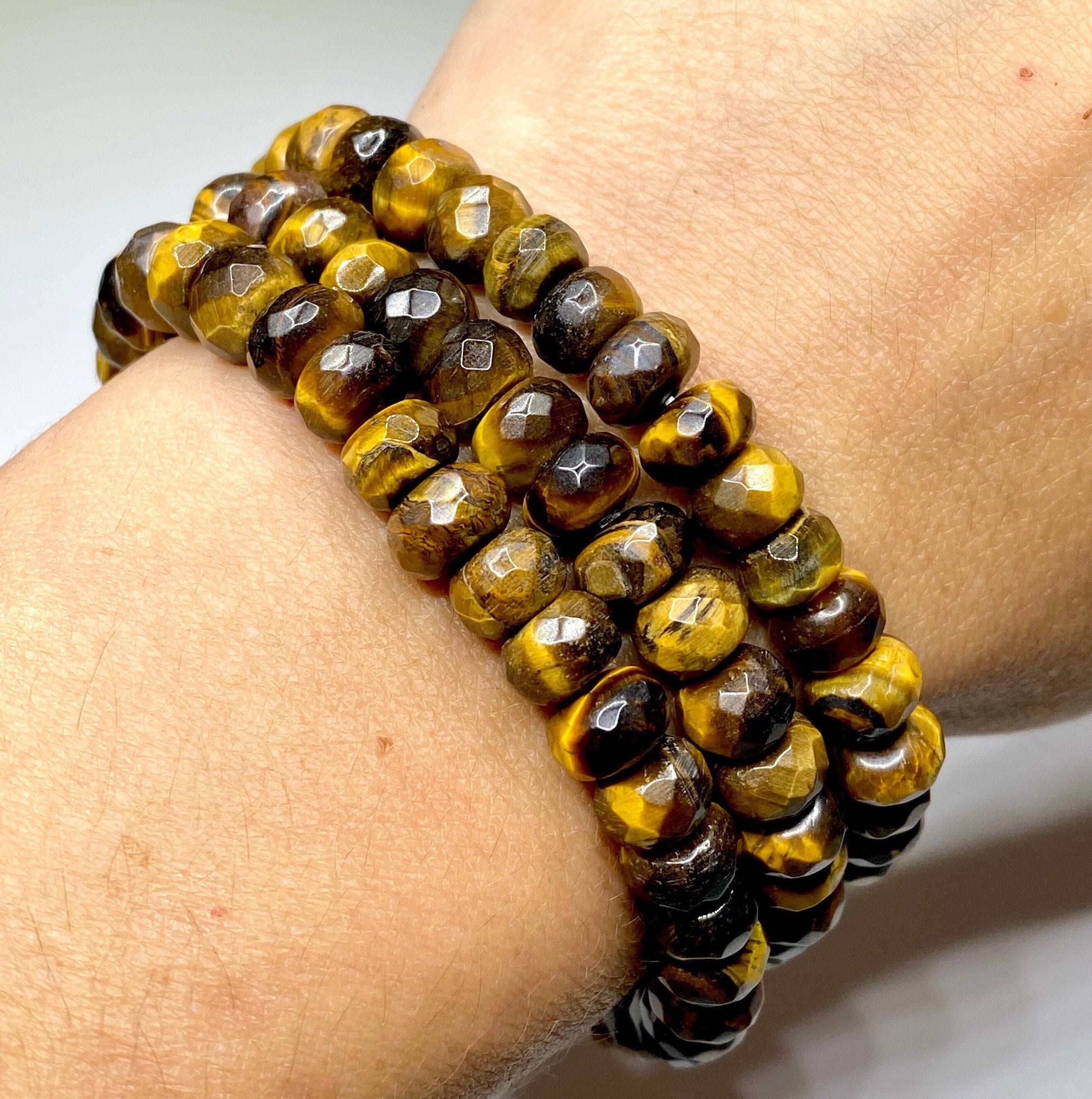 Tiger Eye Faceted Rondelle Crystal Bracelet: Handmade Gemstone Beaded Bracelet