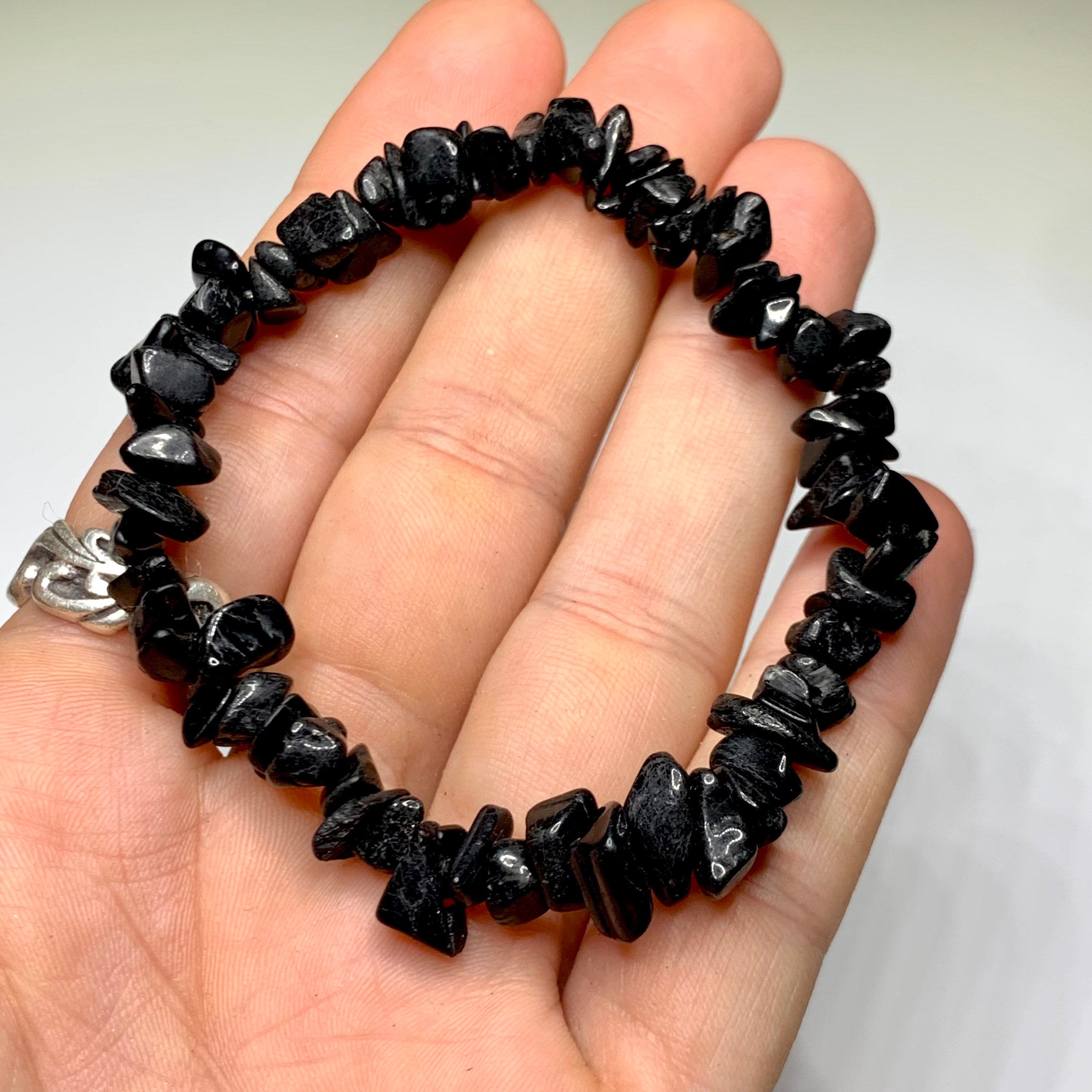 Black Tourmaline Crystal Chips Bracelet: Gemstone Beaded Stretch Bracelet