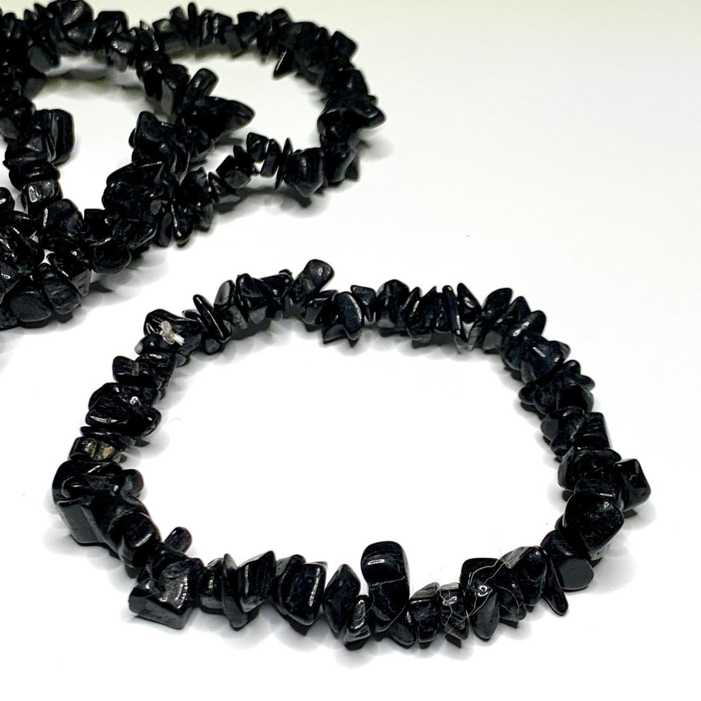 Black Tourmaline Crystal Chips Bracelet: Gemstone Beaded Stretch Bracelet