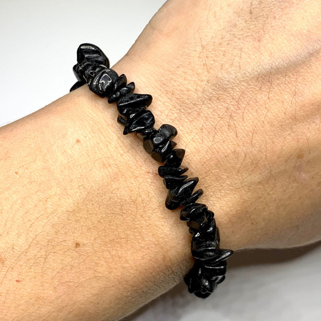 Black Tourmaline Crystal Chips Bracelet: Gemstone Beaded Stretch Bracelet