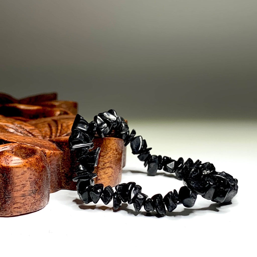 Black Tourmaline Crystal Chips Bracelet: Gemstone Beaded Stretch Bracelet