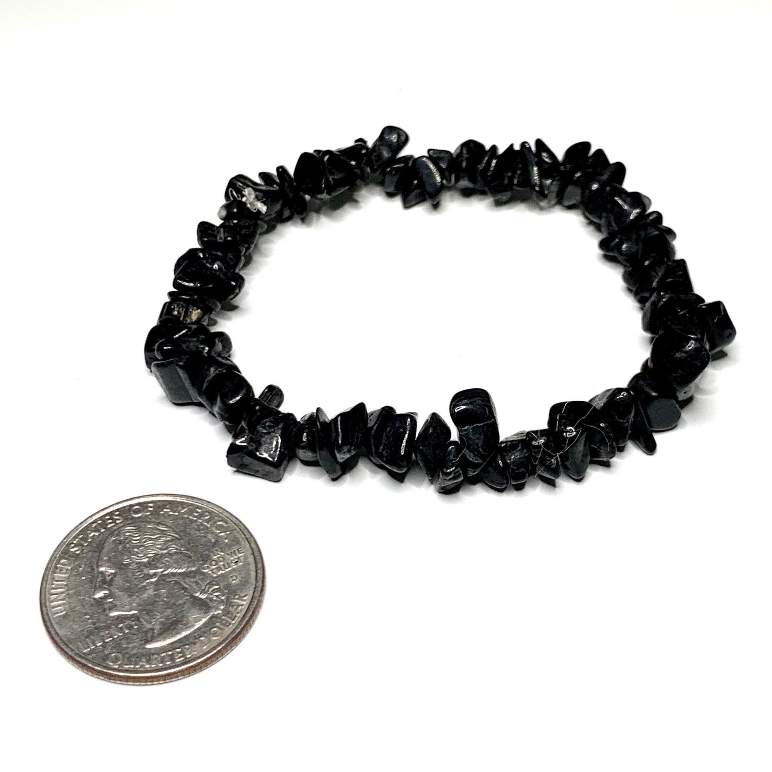 Black Tourmaline Crystal Chips Bracelet: Gemstone Beaded Stretch Bracelet