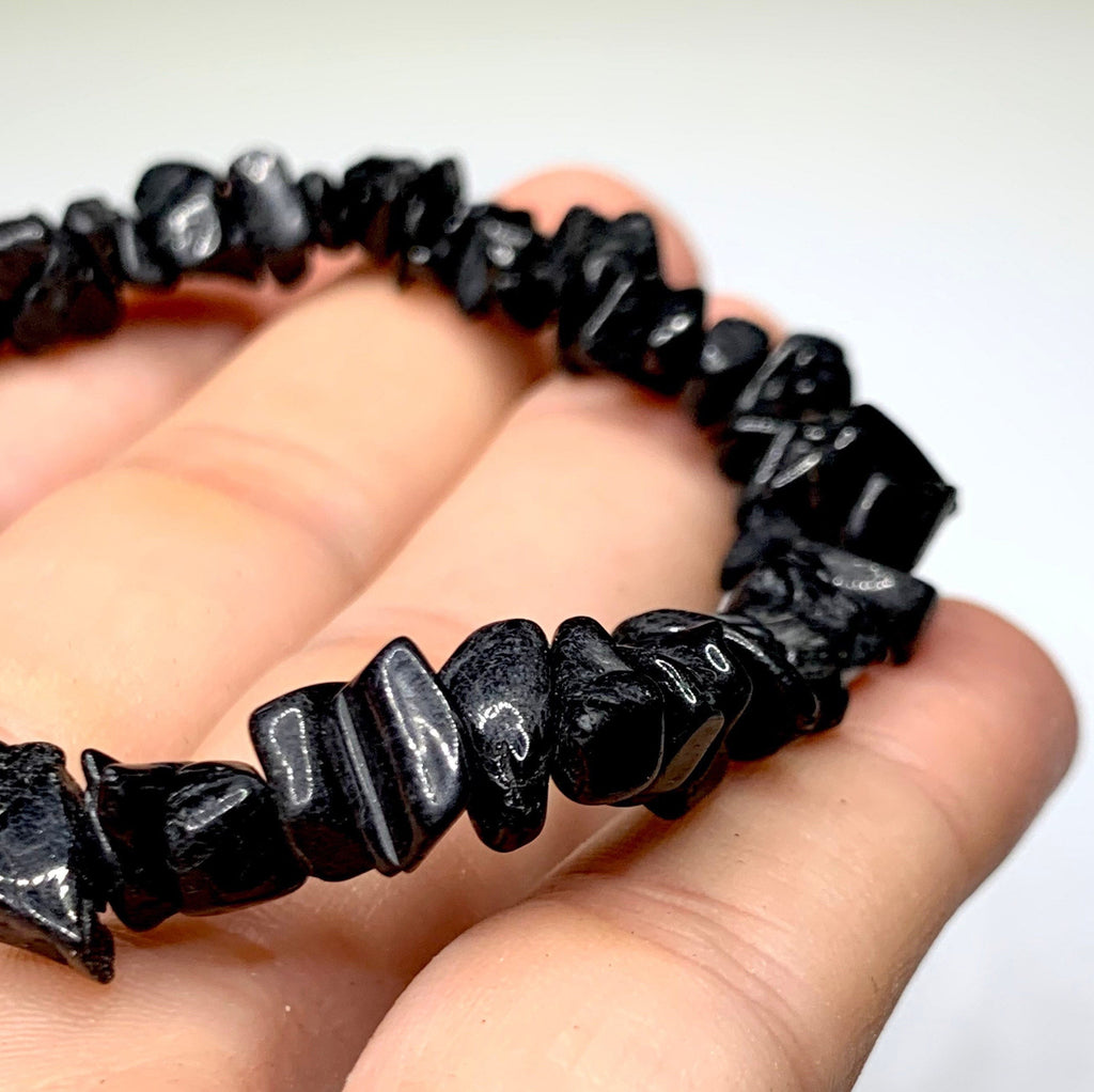 Black Tourmaline Crystal Chips Bracelet: Gemstone Beaded Stretch Bracelet