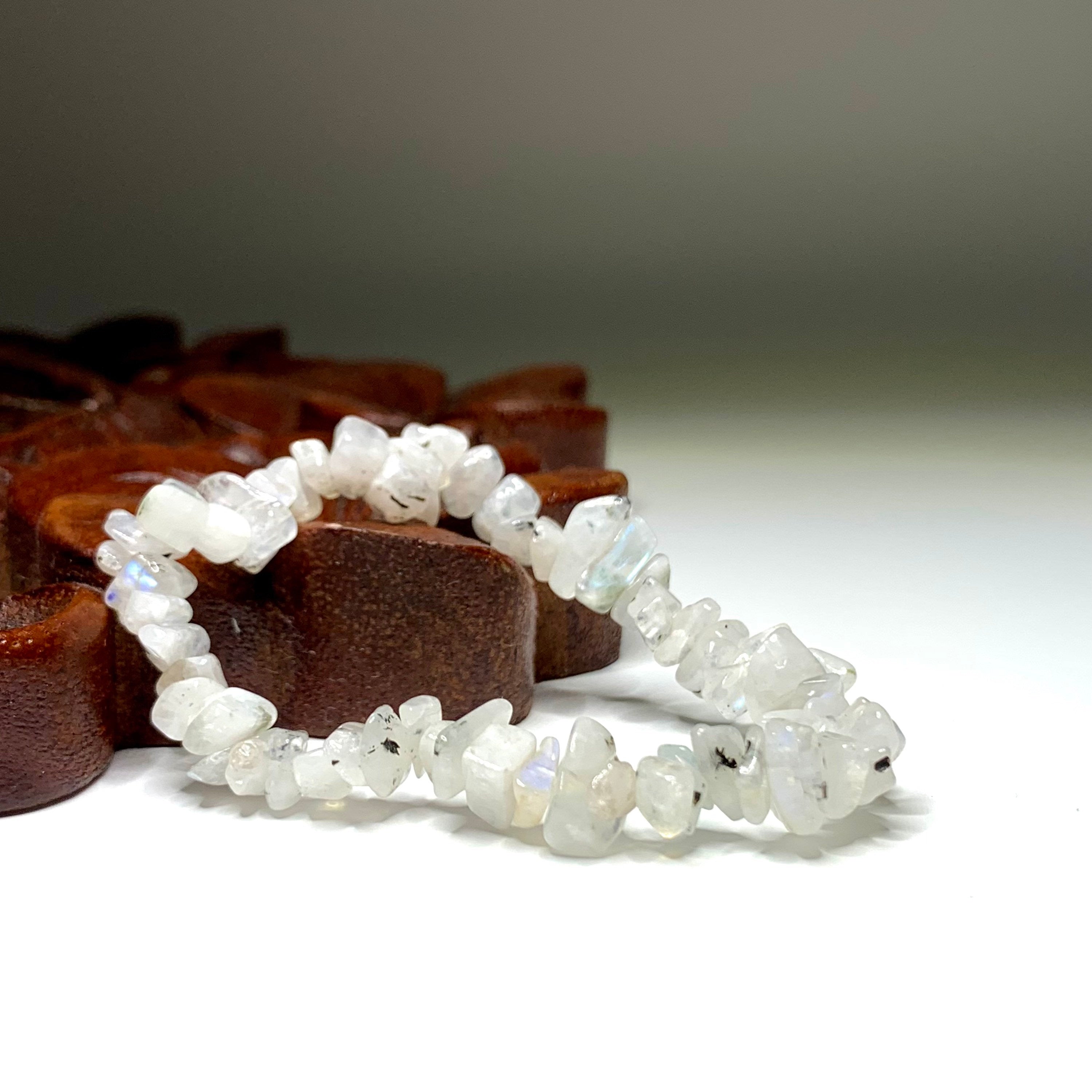 Rainbow Moonstone Crystal Chip Bracelet: Gemstone Beaded Stretch Bracelet