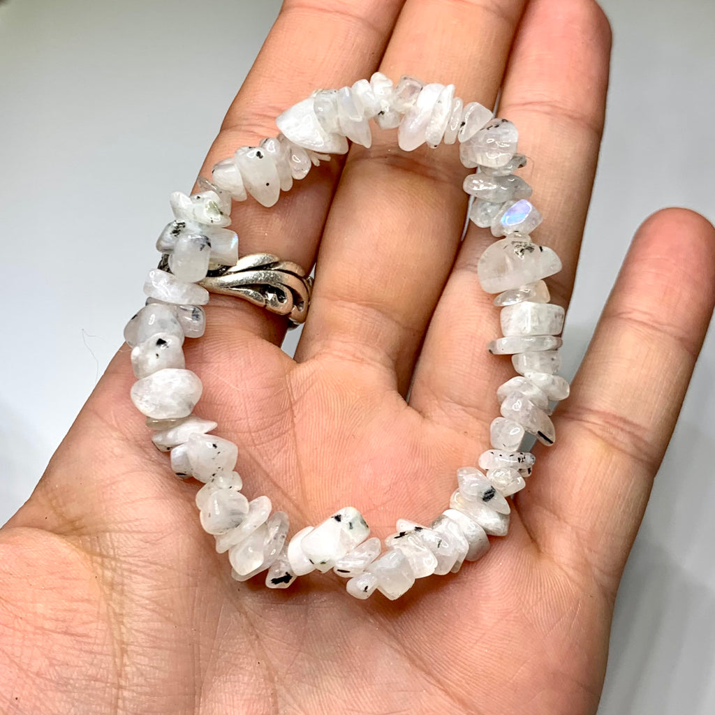 Rainbow Moonstone Crystal Chip Bracelet: Gemstone Beaded Stretch Bracelet
