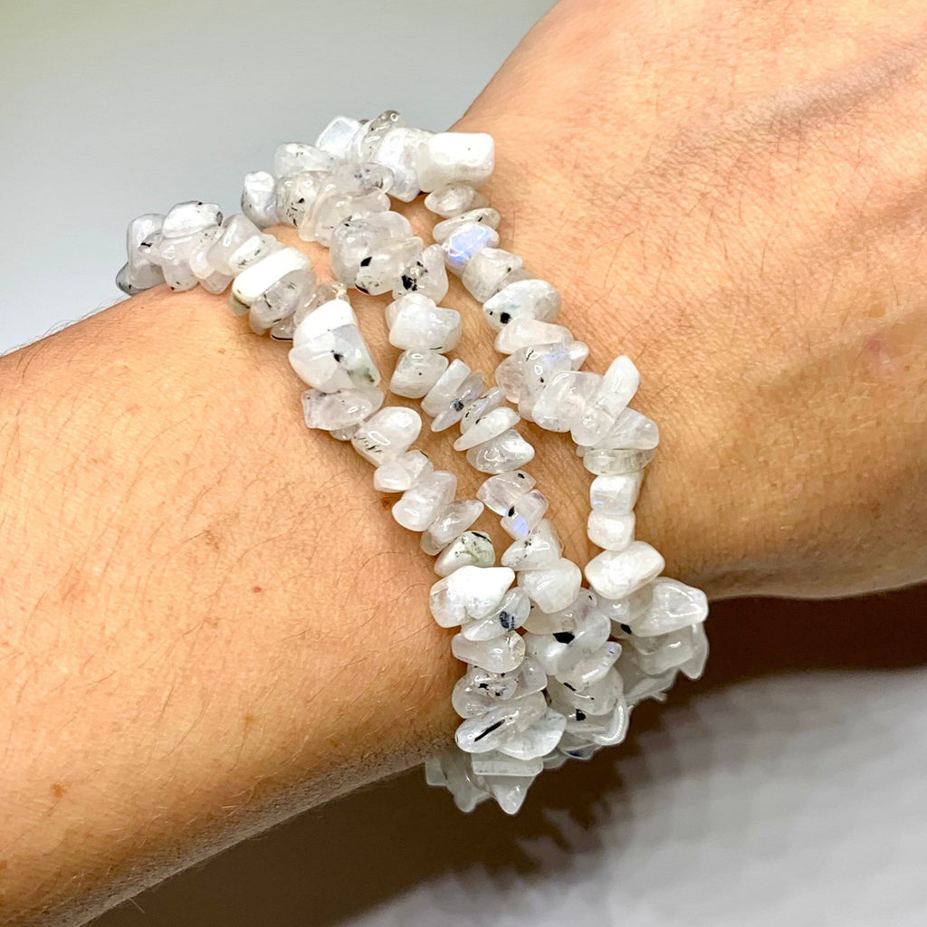 Rainbow Moonstone Crystal Chip Bracelet: Gemstone Beaded Stretch Bracelet