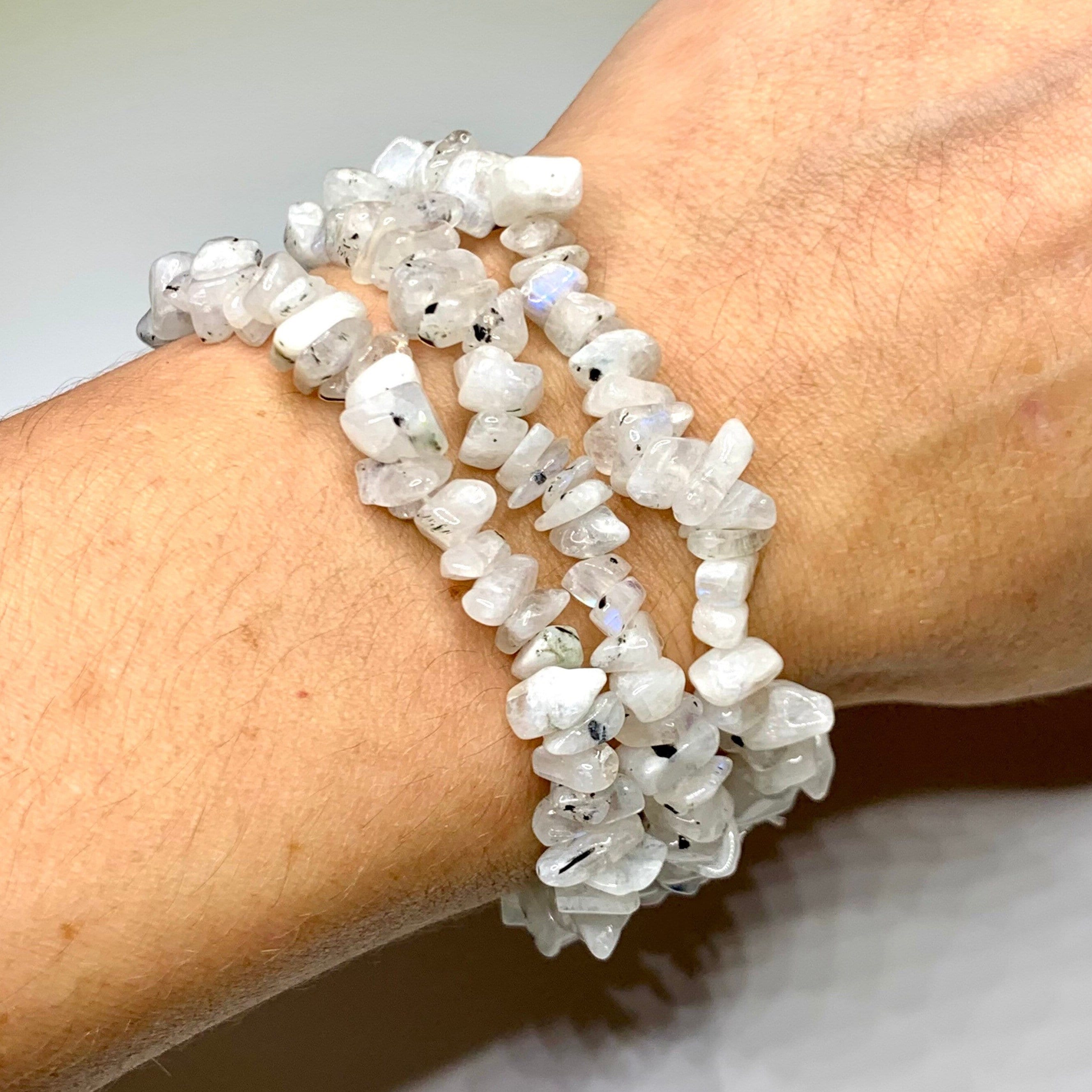 Rainbow Moonstone Crystal Chip Bracelet: Gemstone Beaded Stretch Bracelet