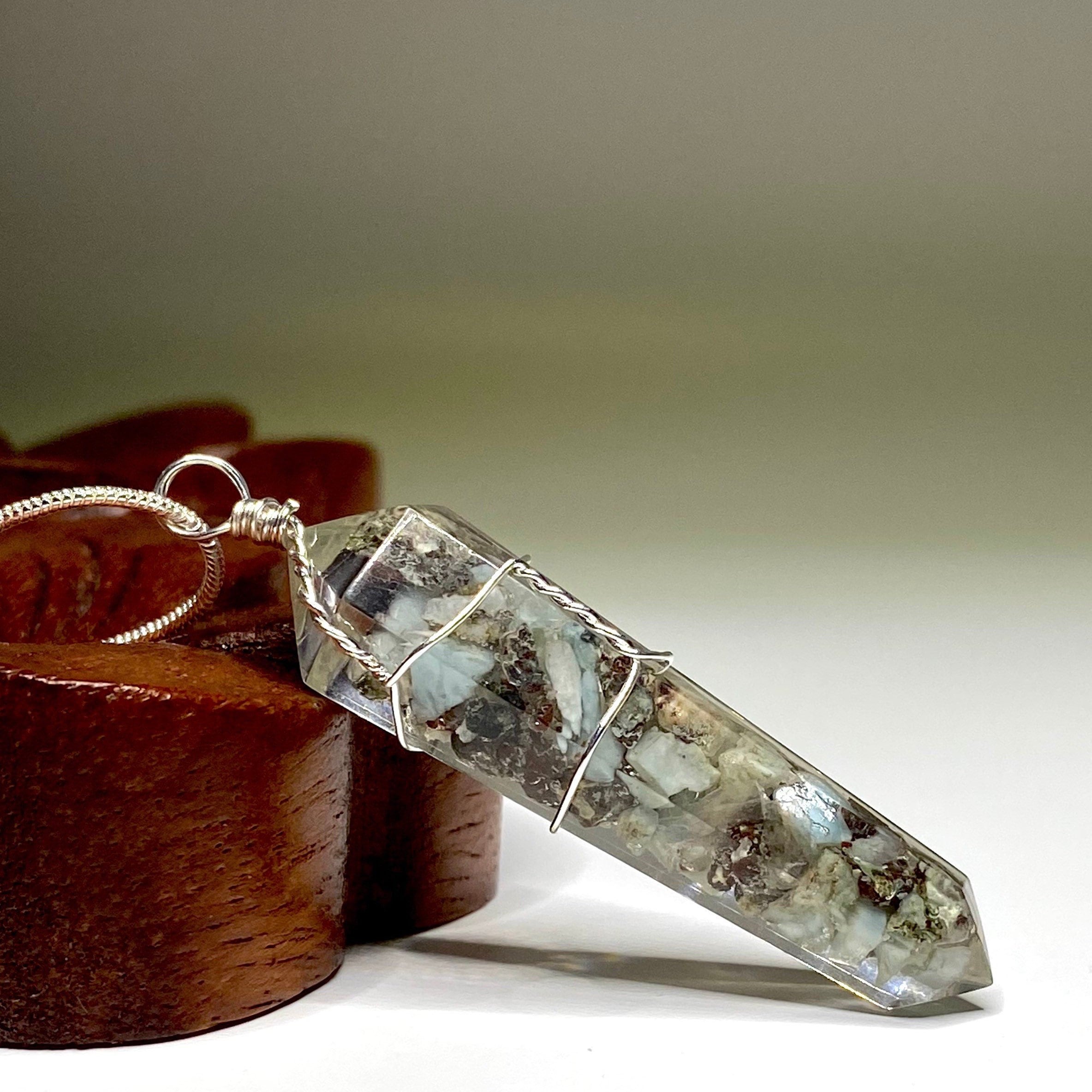 Larimar in Orgonite Wire Wrapped Pendant Necklace