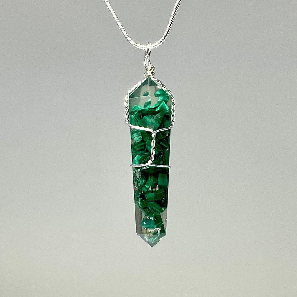 Malachite in Orgonite Wire Wrapped Pendant Necklace