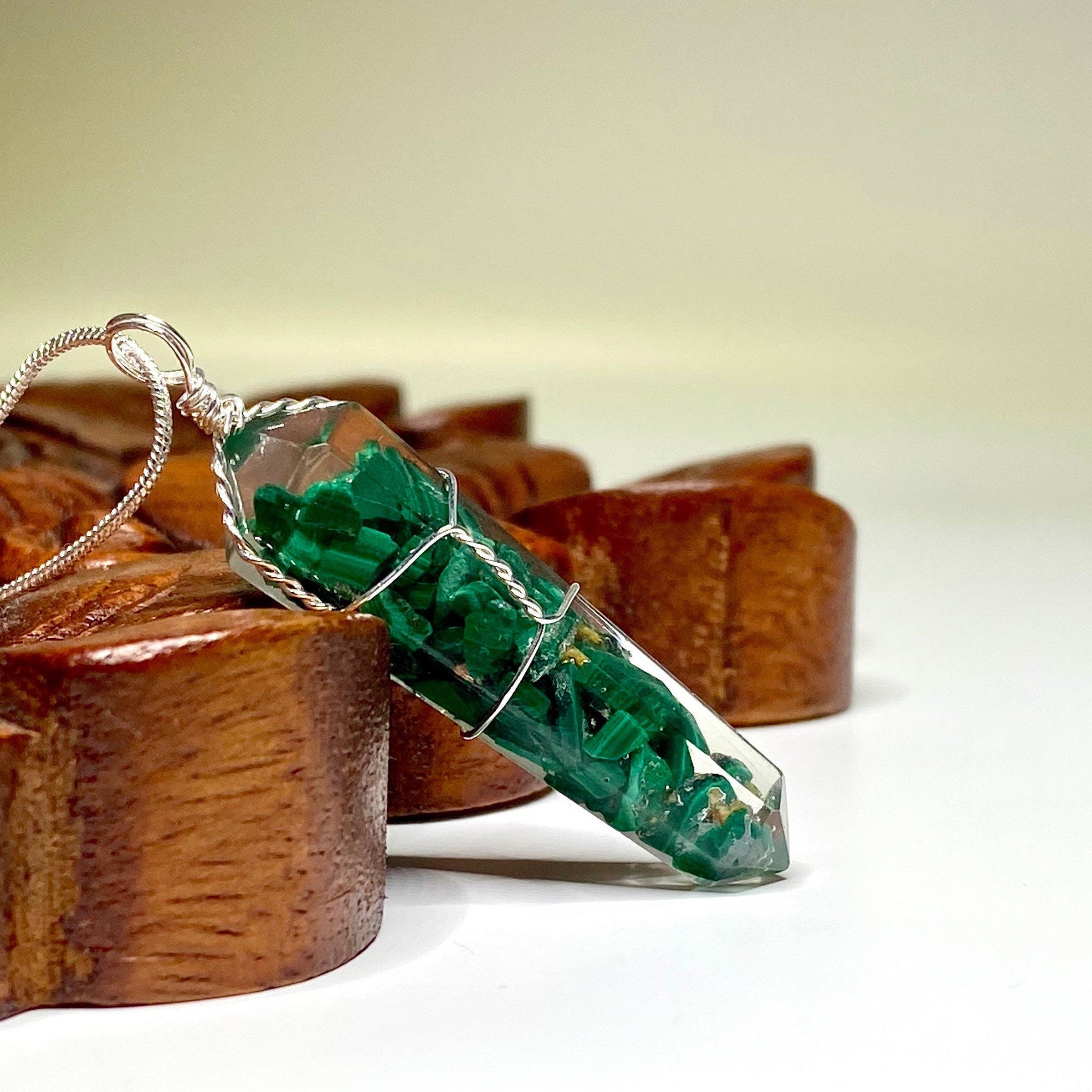 Malachite in Orgonite Wire Wrapped Pendant Necklace
