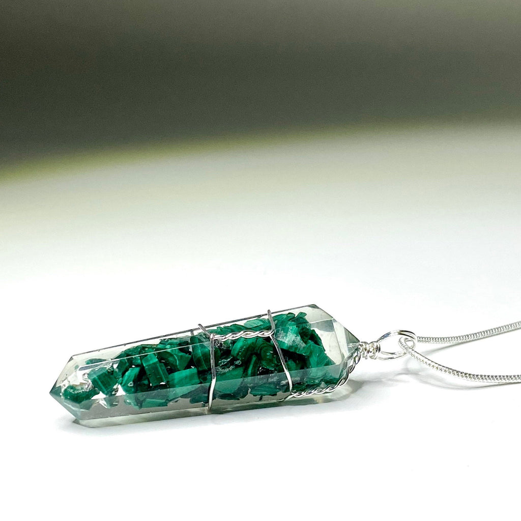 Malachite in Orgonite Wire Wrapped Pendant Necklace