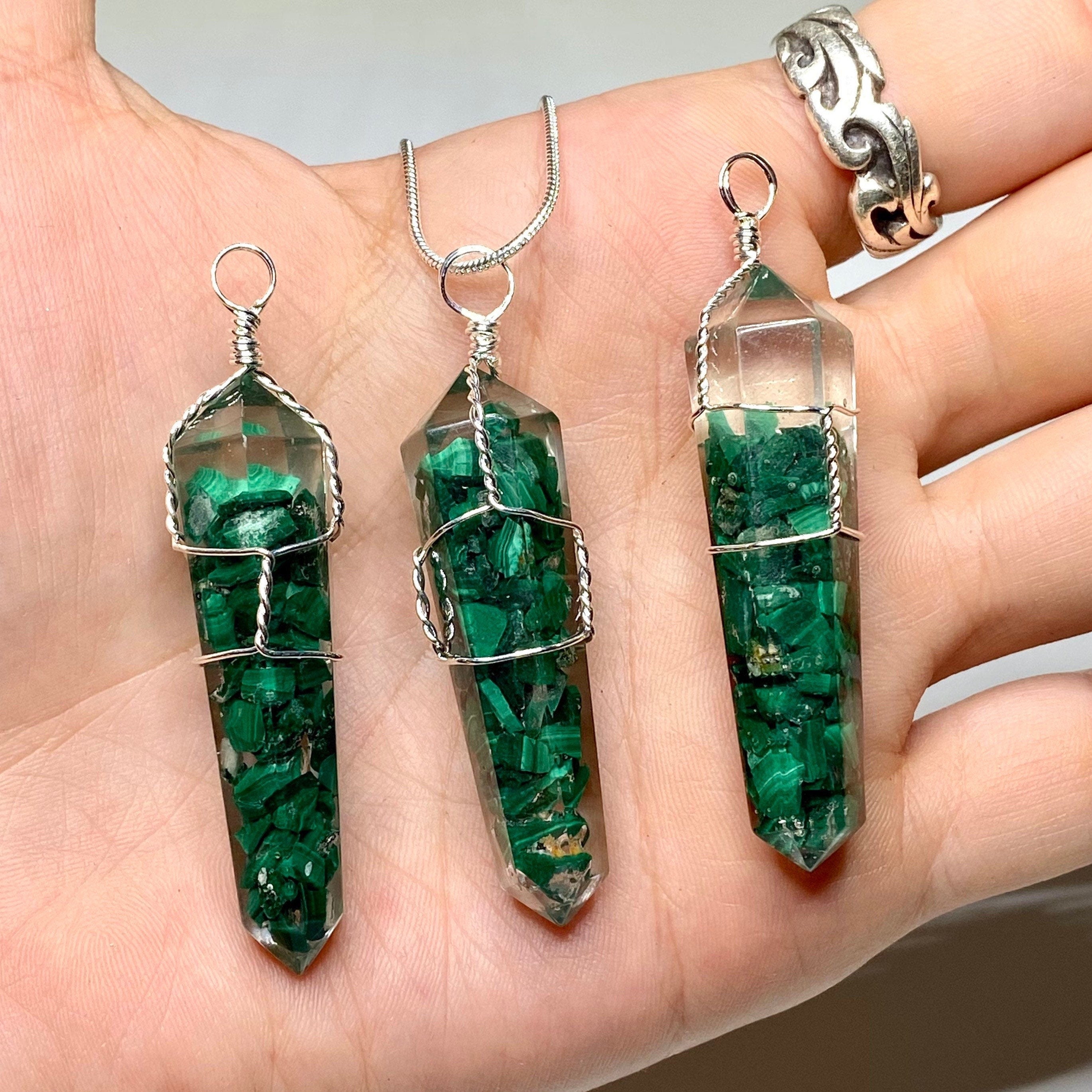 Malachite in Orgonite Wire Wrapped Pendant Necklace