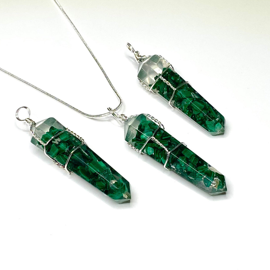Malachite in Orgonite Wire Wrapped Pendant Necklace