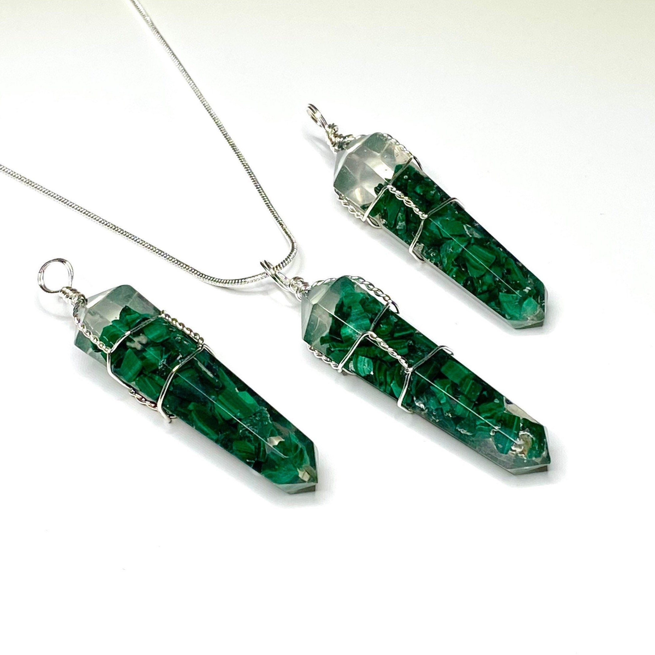 Malachite in Orgonite Wire Wrapped Pendant Necklace
