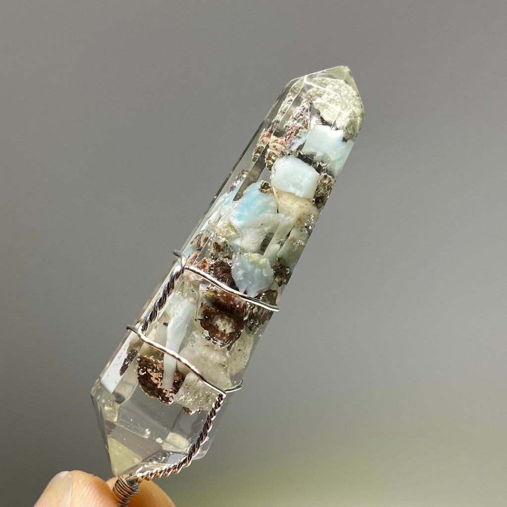 Larimar in Orgonite Wire Wrapped Pendant Necklace