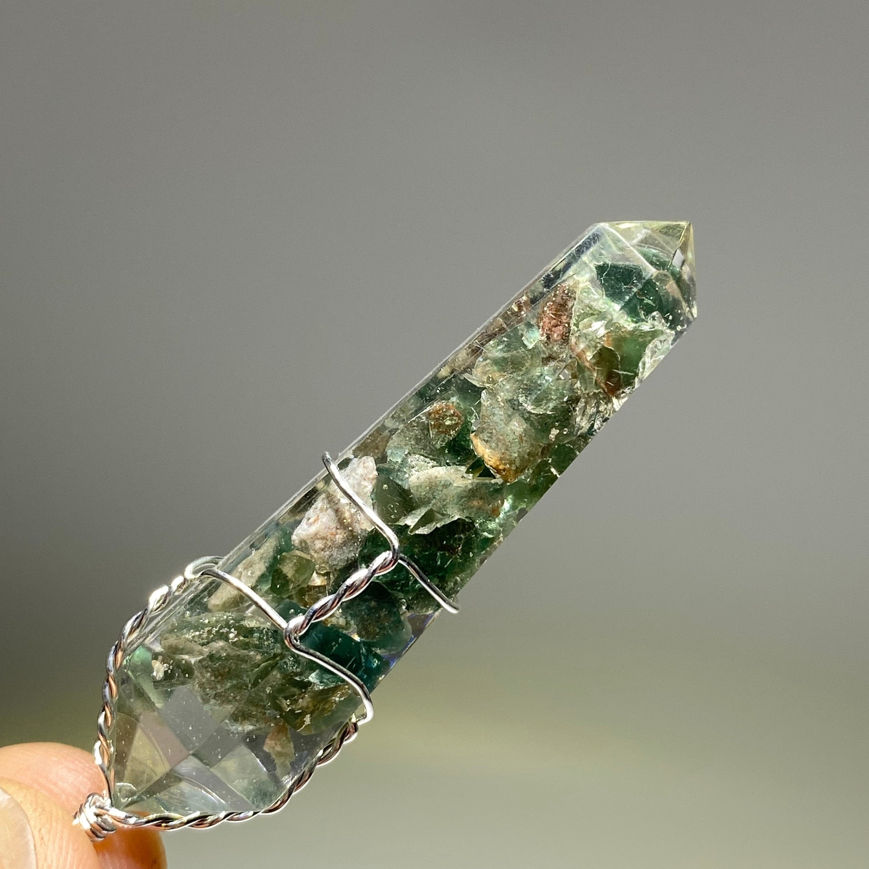Green Apatite in Orgonite Wire Wrapped Pendant Necklace