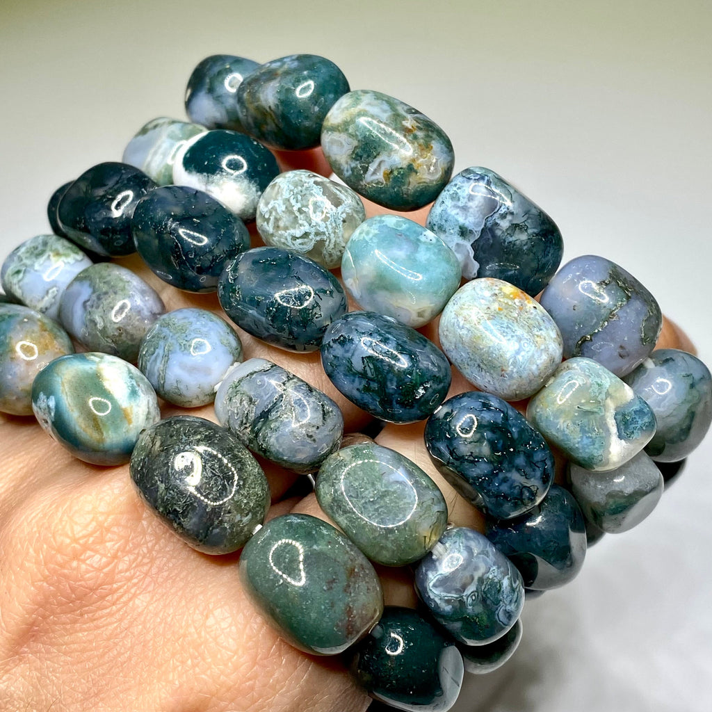 Moss Agate Jelly Bean Bracelet: Tumbled Gemstone Beaded Bracelet