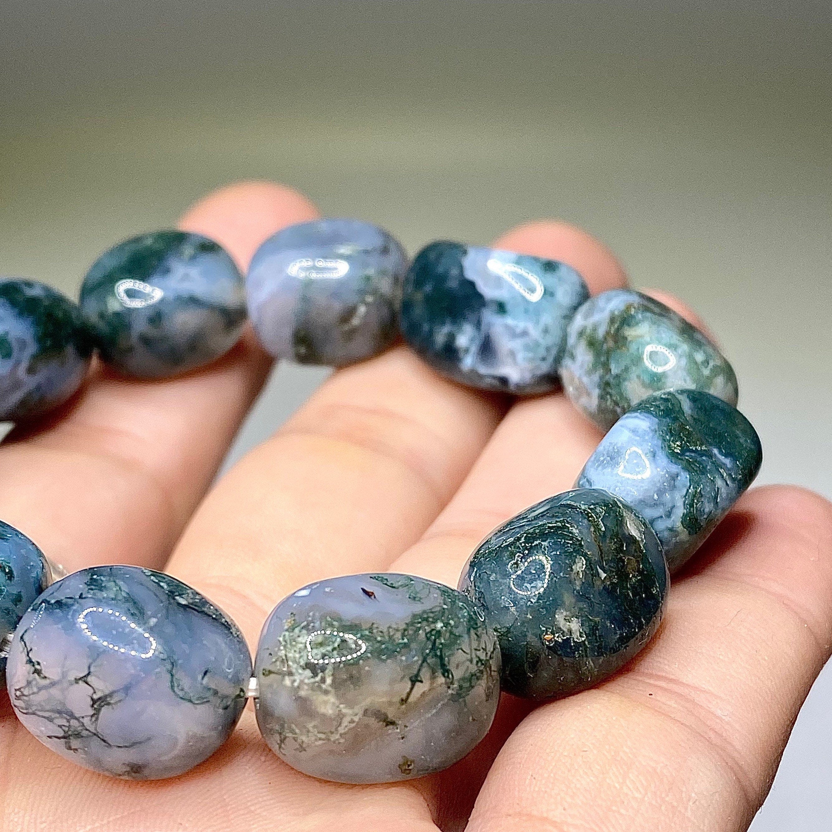Moss Agate Jelly Bean Bracelet: Tumbled Gemstone Beaded Bracelet