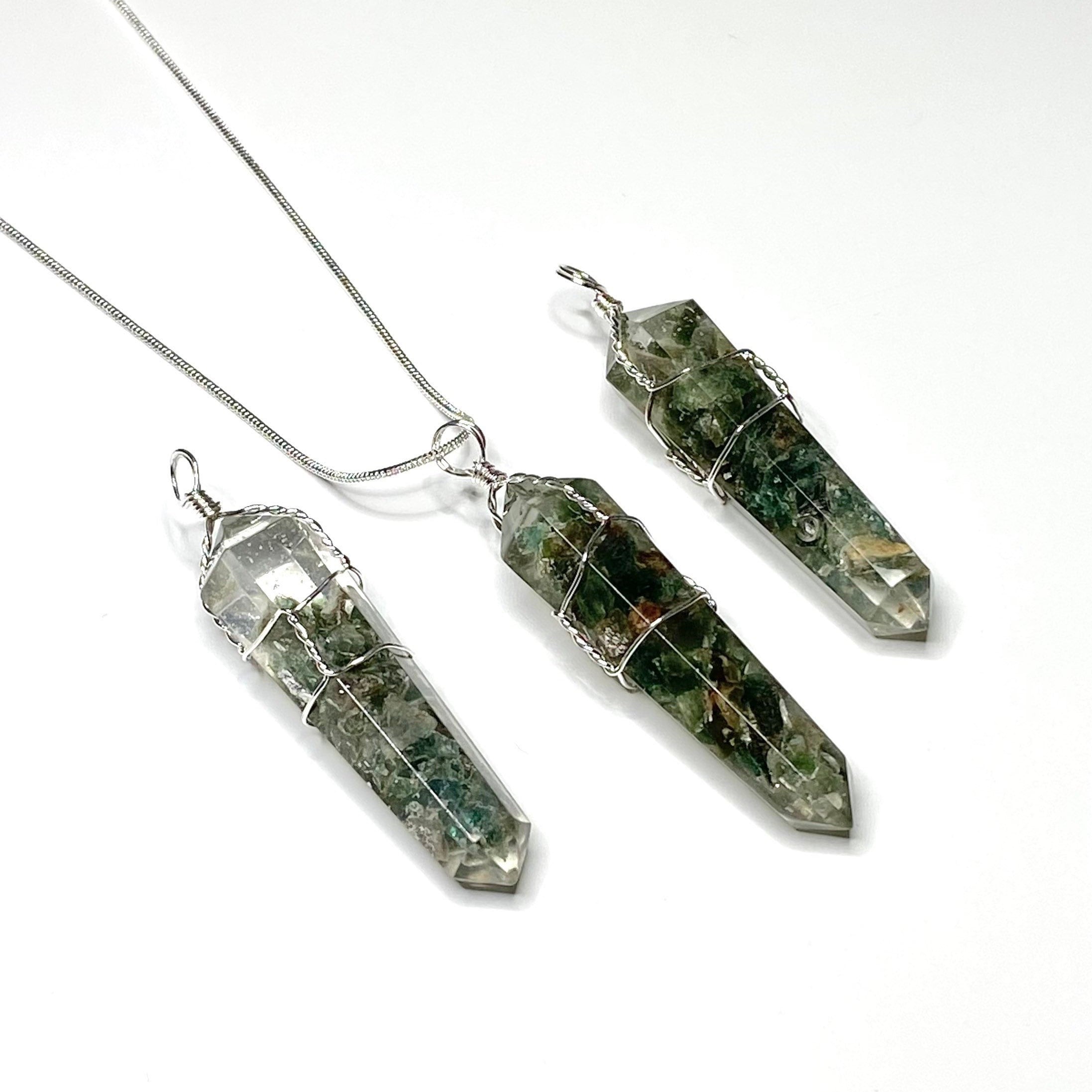 Green Apatite in Orgonite Wire Wrapped Pendant Necklace