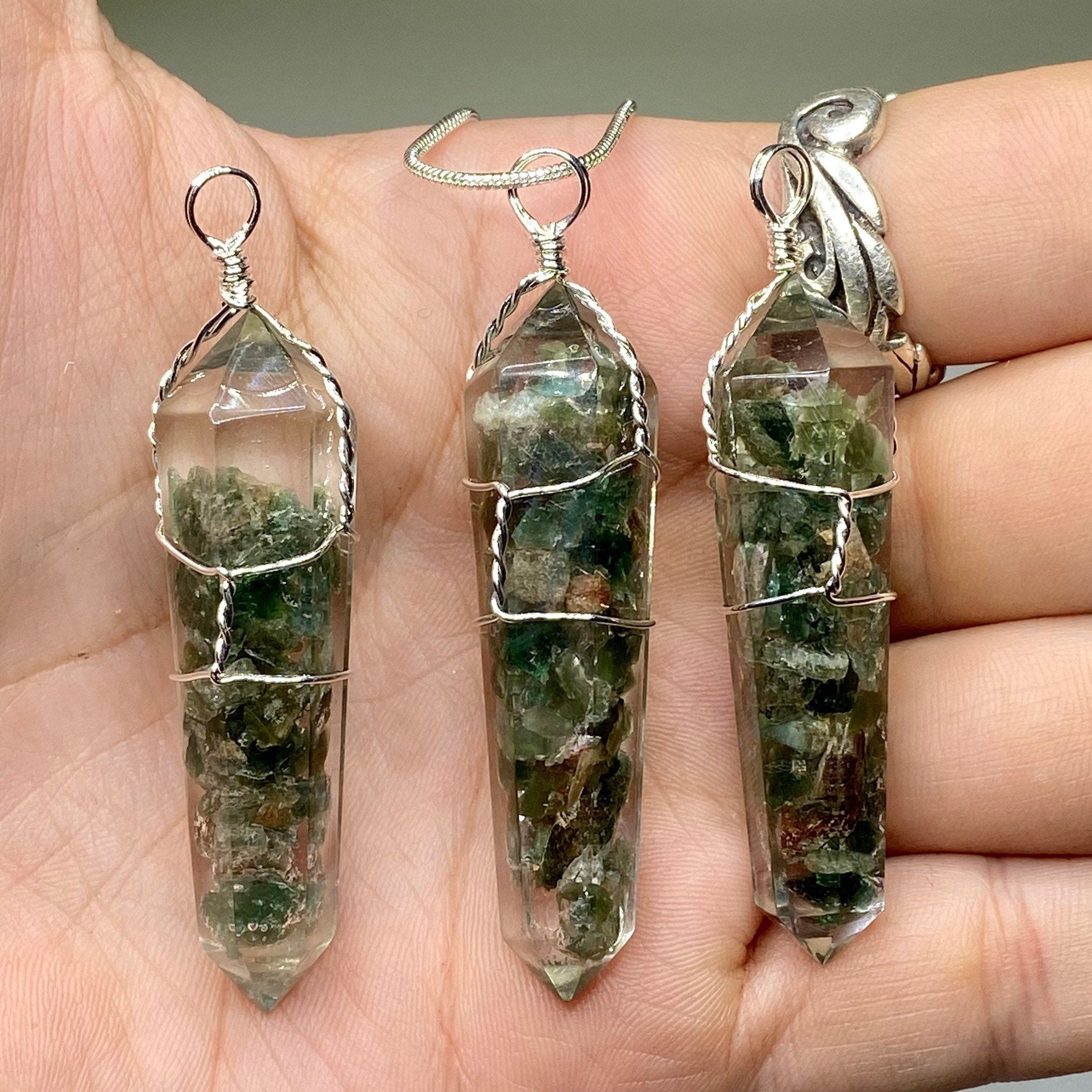 Green Apatite in Orgonite Wire Wrapped Pendant Necklace