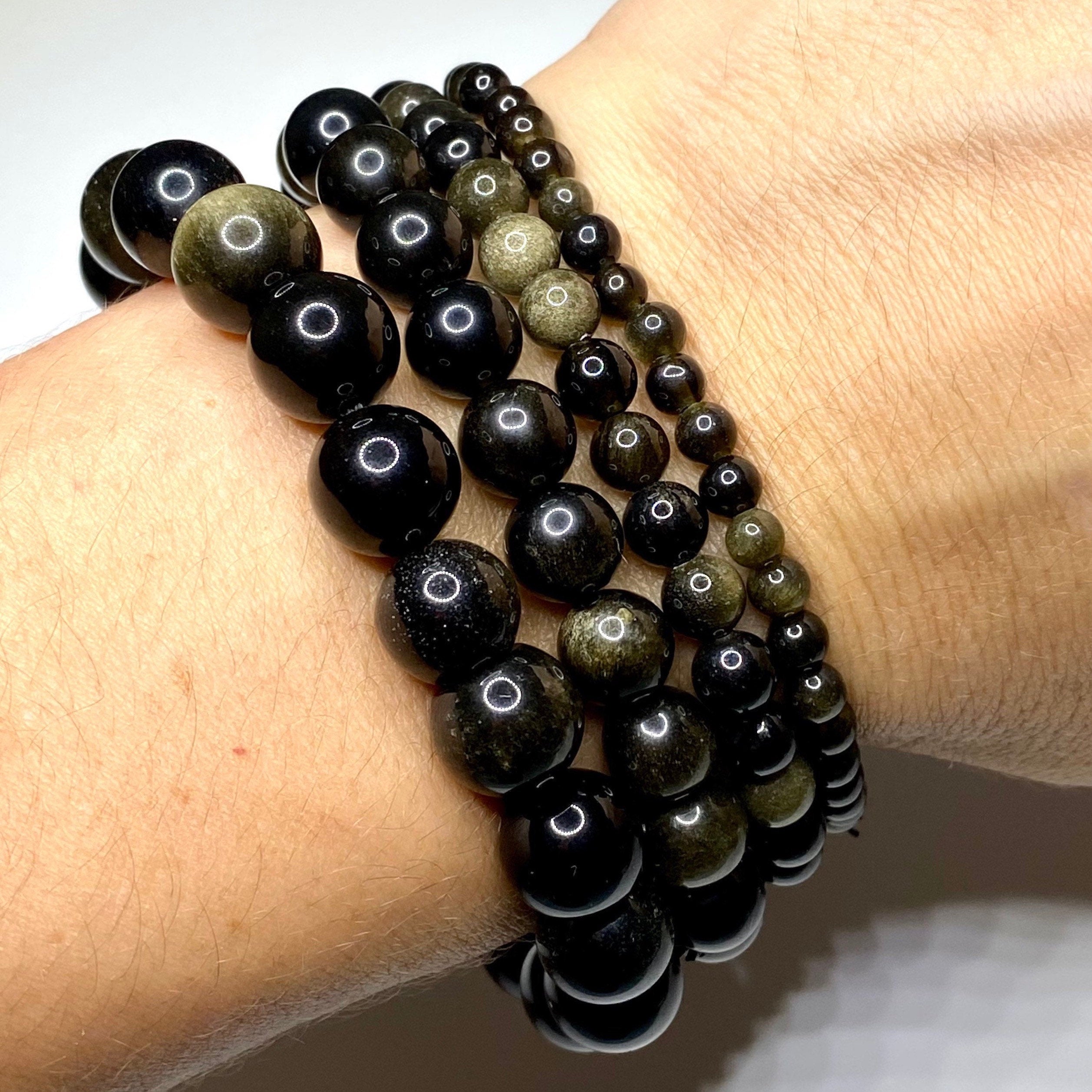 Gold Sheen Obsidian Bracelet: Round Gemstone Beaded Bracelet