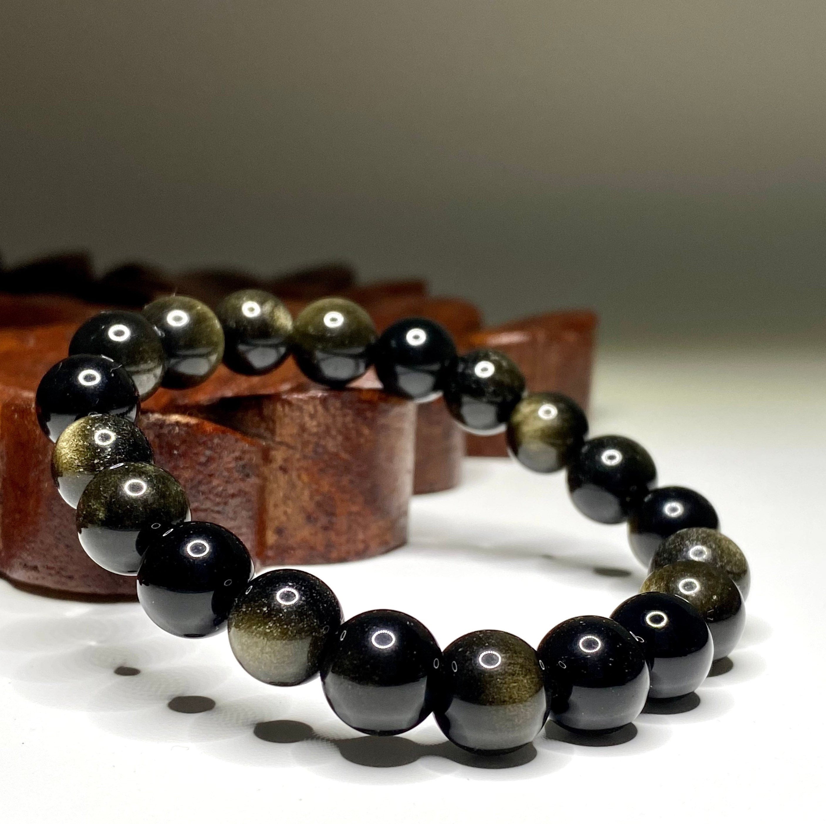 Gold Sheen Obsidian Bracelet: Round Gemstone Beaded Bracelet